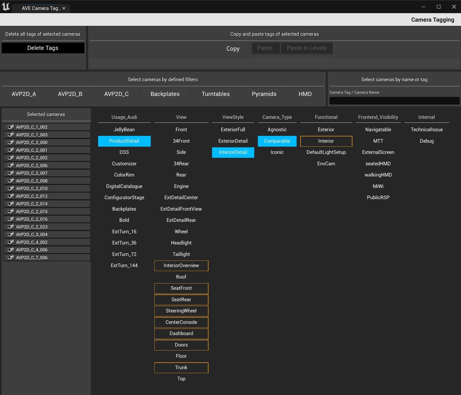Tags are metadata used to categorize and publish assets. 
- Available tags are stored and maintained via data table (json)
- Adjust tags per asset (set)
- Visualize tags matching all or only a subset of selected assets
- Customizable quick selection