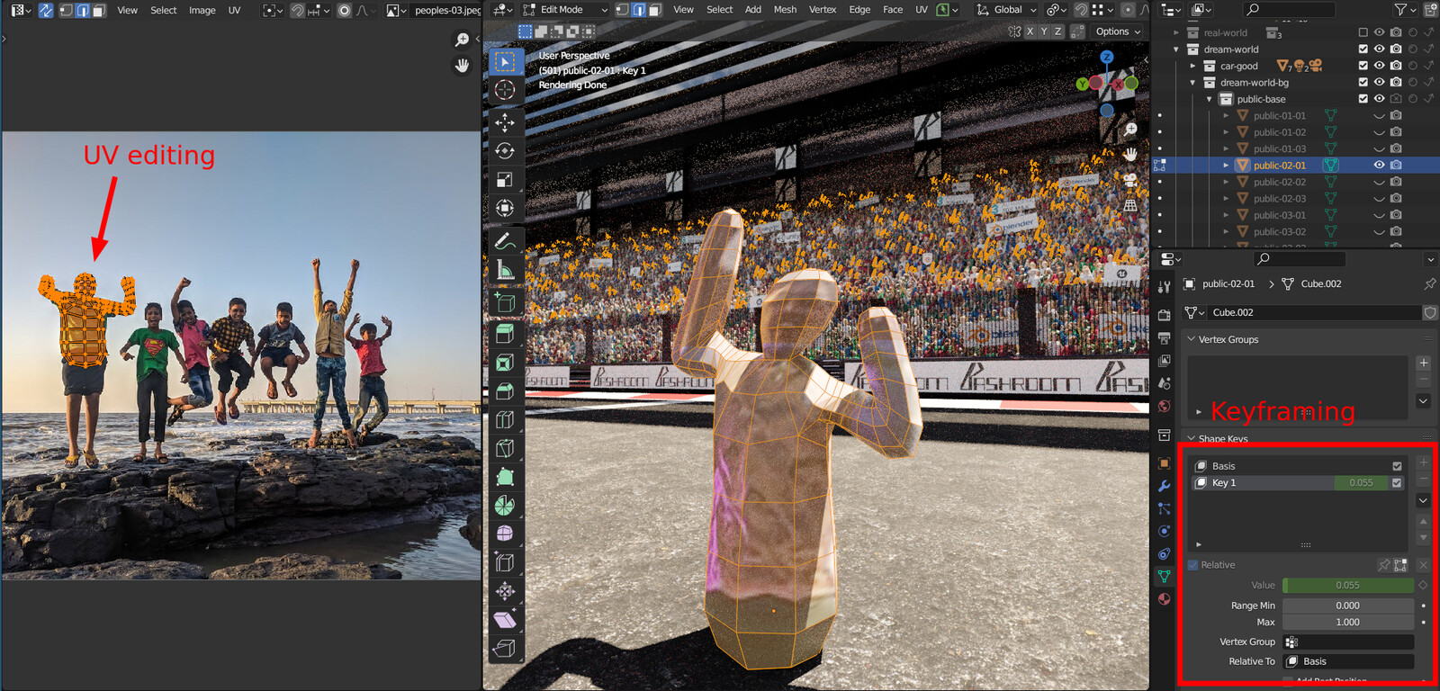 The people collection is made of very basic human shapes.
For the textures, I applied different pictures of people using 'project from view' UV unwrapping.
For movements, I keyframed simple shape keys on the mesh and set it to cycle in the graph editor.