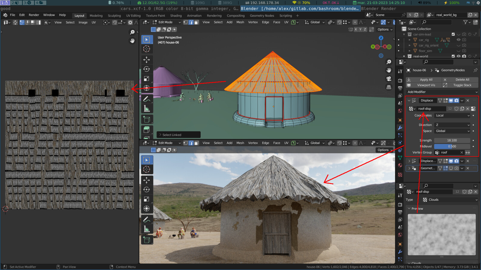 We see here the UV unwrapping of the roofs of the houses on the PBR texture.
The displacement is achieved with a simple 'displace' modifier driven by a noise texture.