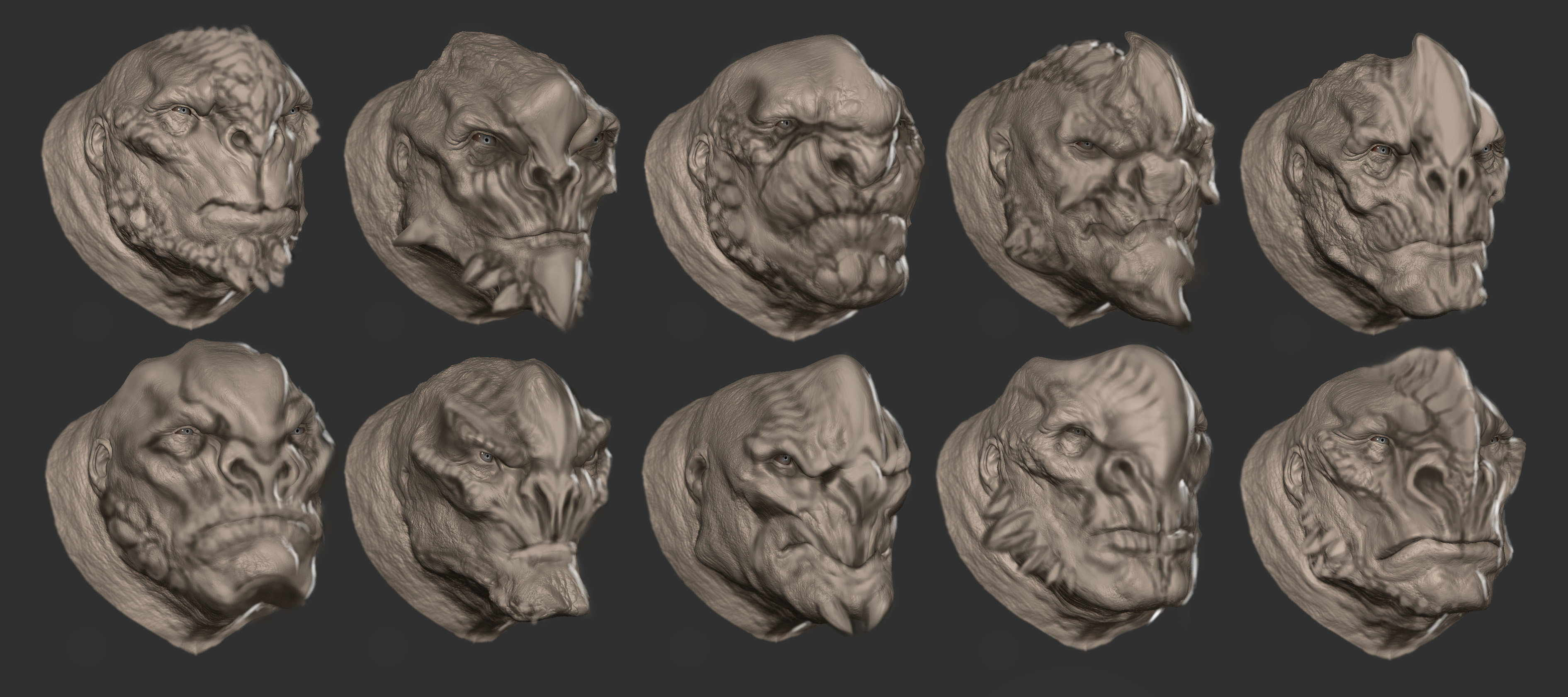 Head designs experimenting with stretching our stylization level and integrating more of the narrative that Ologs are actually dragon hyrbrids.