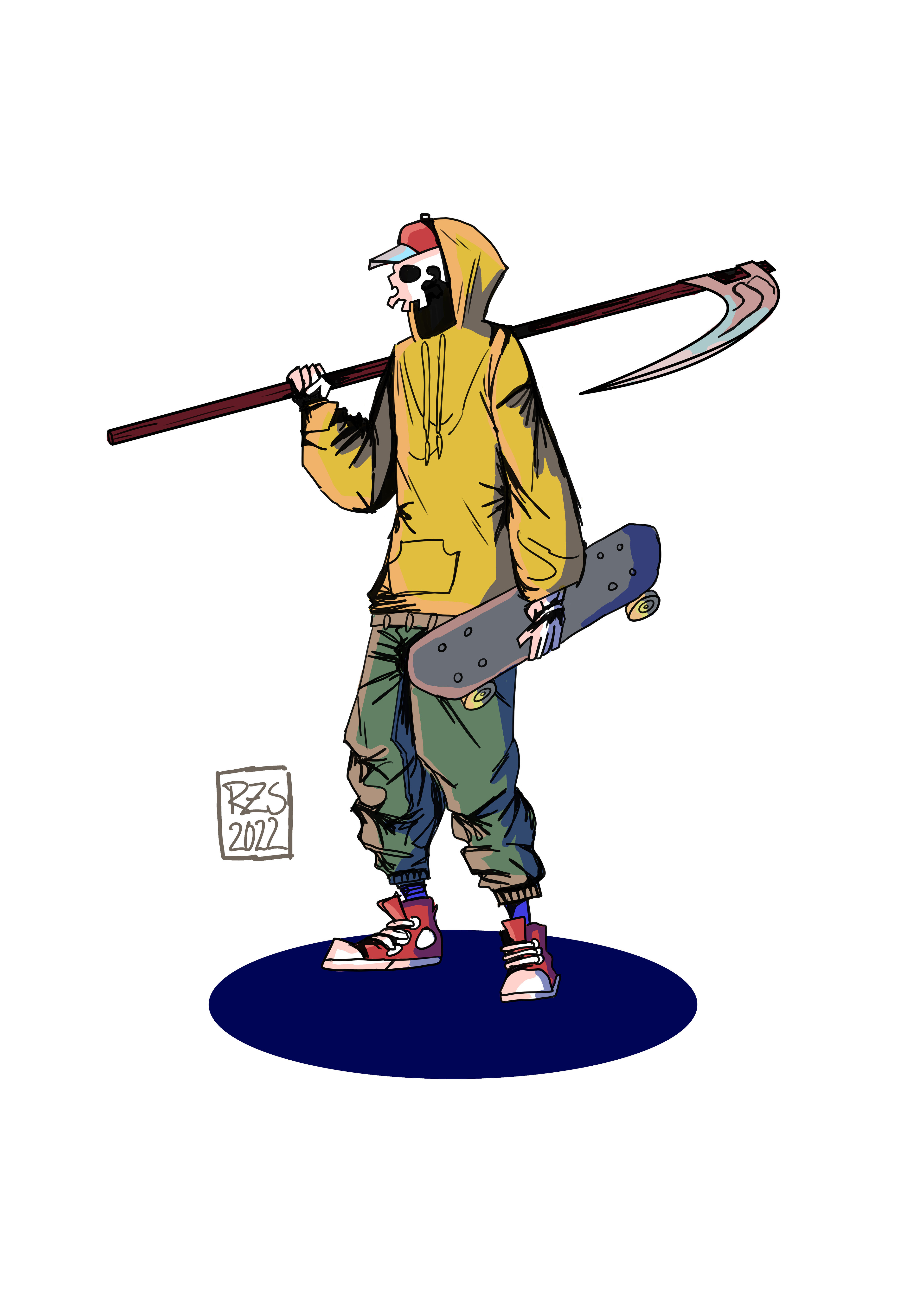 I bet he can do some sick tricks with that board and the scythe.