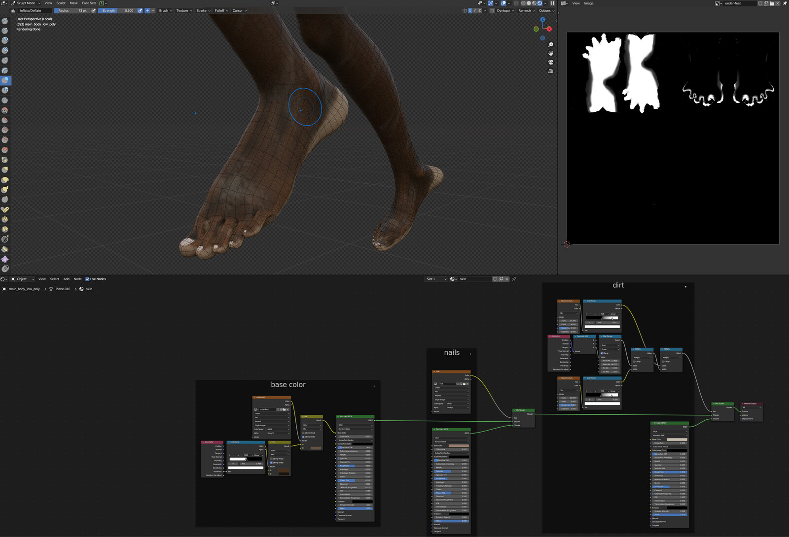 I sculpted the feet of the kid and then painted the textures for the nails and under-feet masks.
The rest of the shader is procedural for achieving the skin look and the dirt effect.