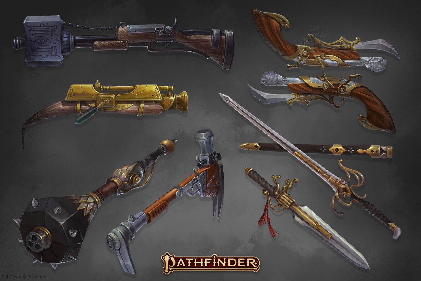 Guns, pistols, maces and blades