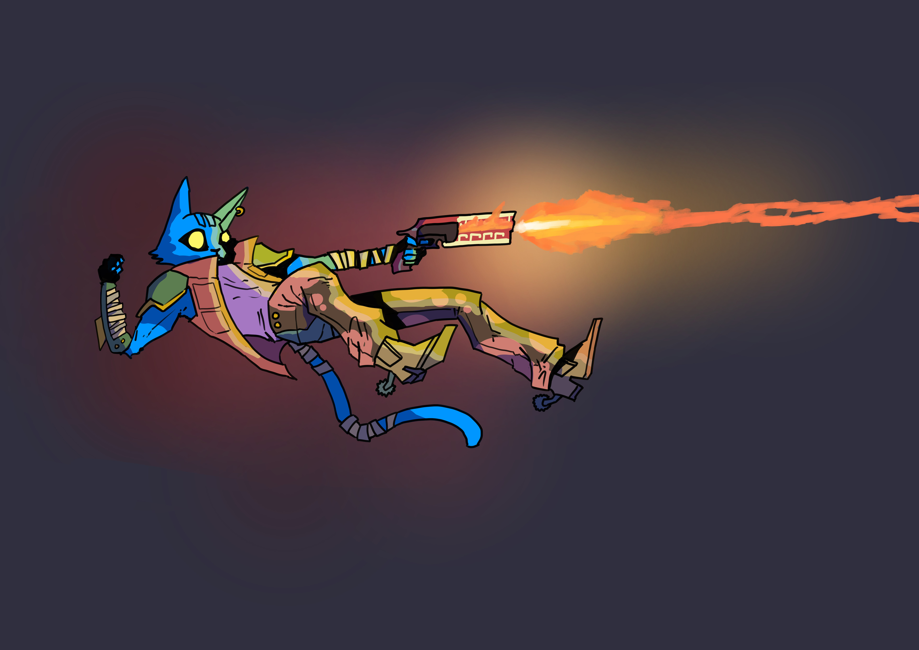 a picture of the gunslinger cat using the exploding gun.