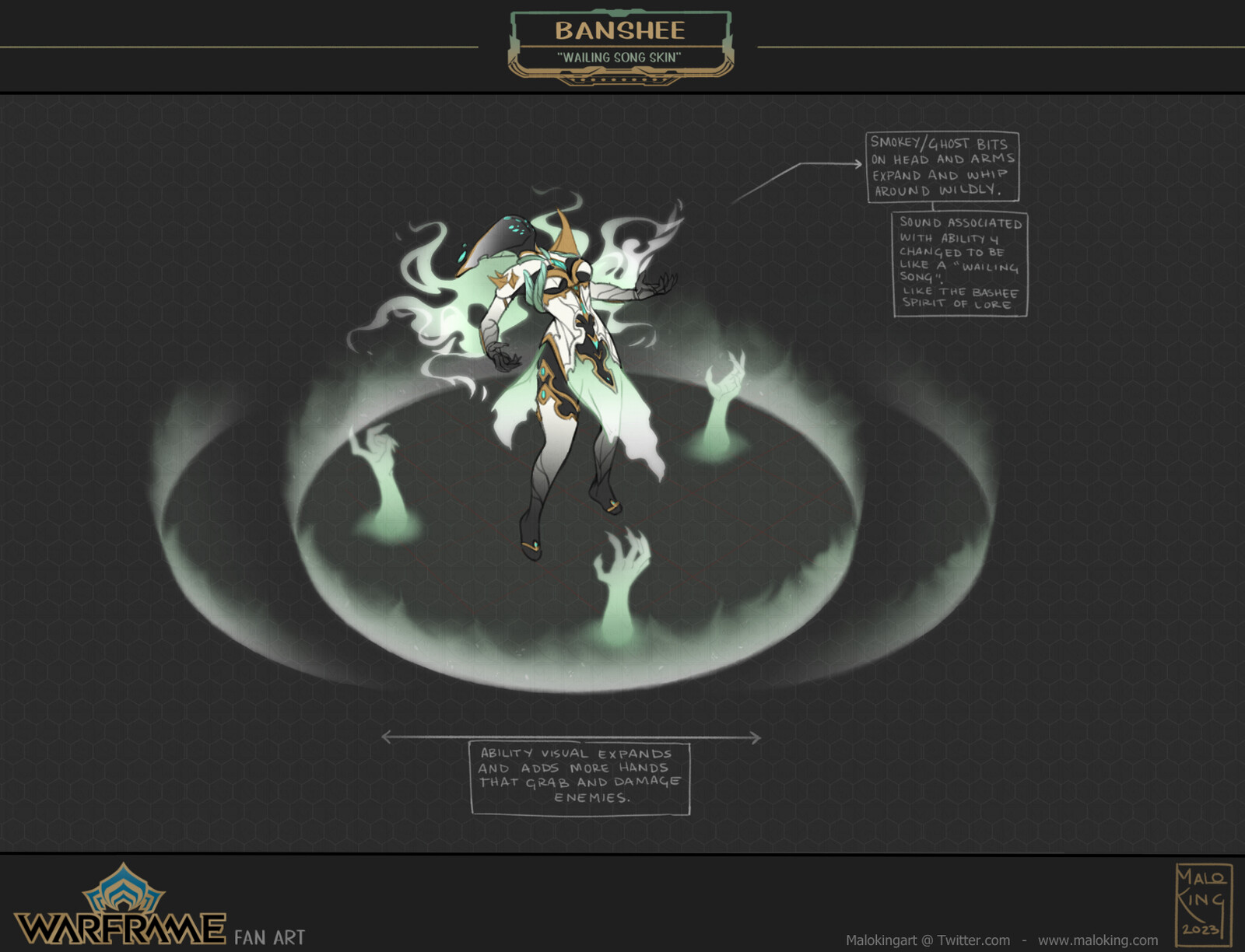 Alternate Visual for Ability 4
Banshee lifts up and does a 'Wailing Song'. The head and arm trailing smokey bits wriggle widely and get longer. The effect on the ground is similar to what it is now, but ghostly hands grab and claw at enemies in the area.