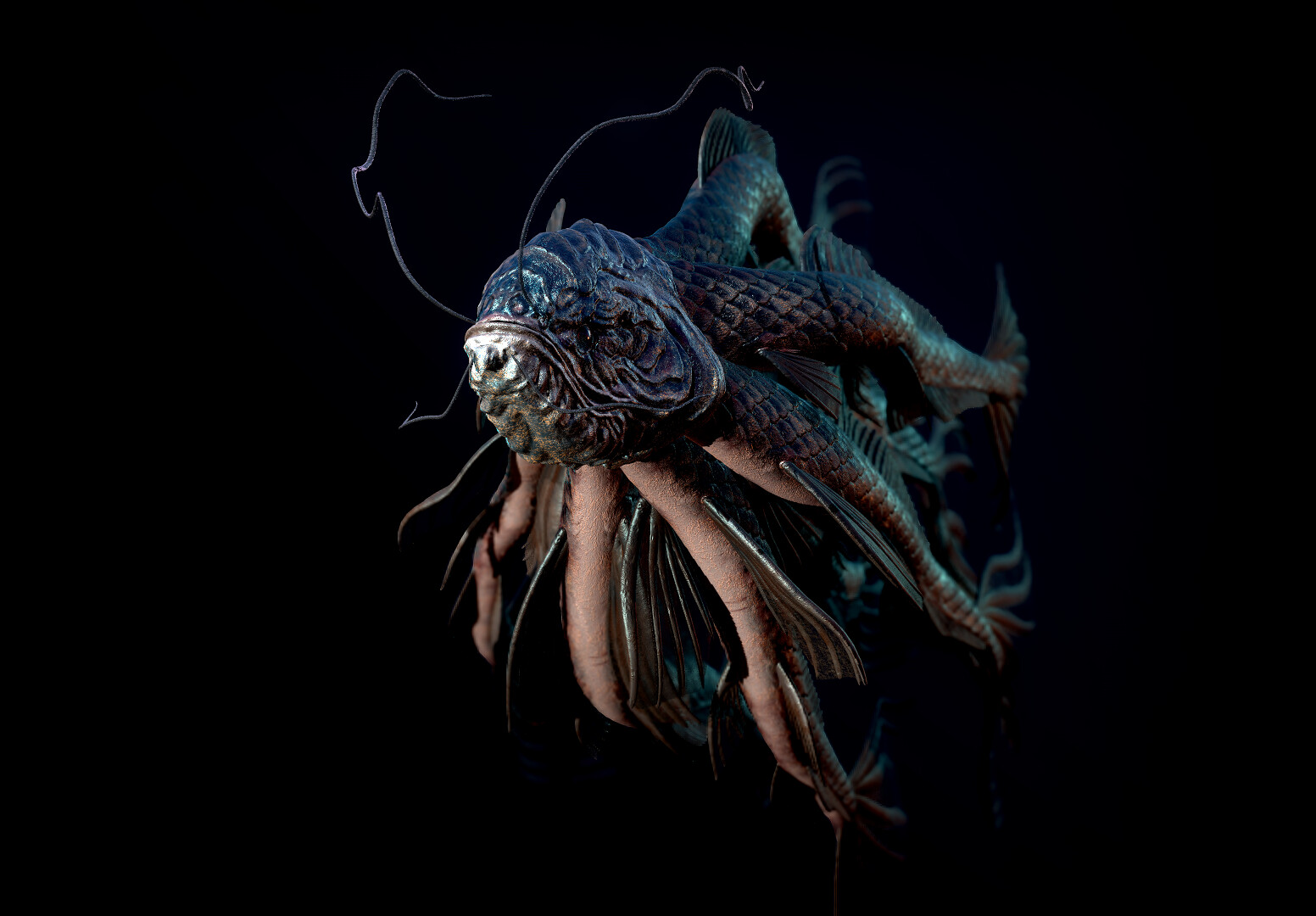 何罗鱼 HE LUO FISH 
“Shan Hai Jing· Bei Shan Jing” records: "
 Qiao Ming stream originated from this mountain and flows westward into the Yellow River. There are a lot of fish growing in the water. They have one head but ten bodies. They make a barking sound