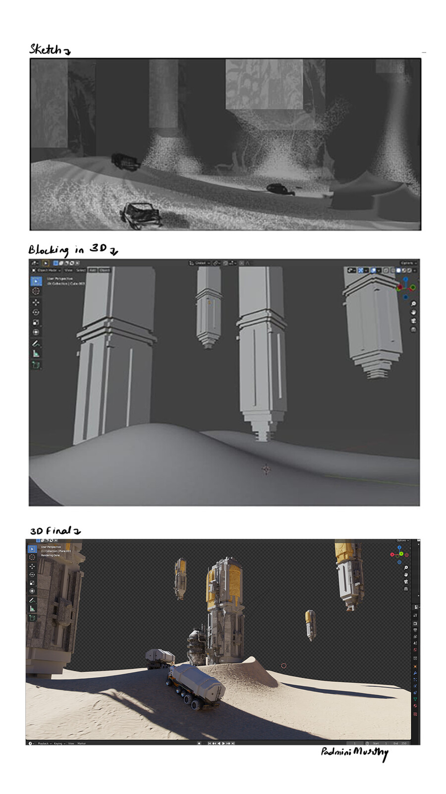 process - from sketch to 3d to paintover in Photoshop.
