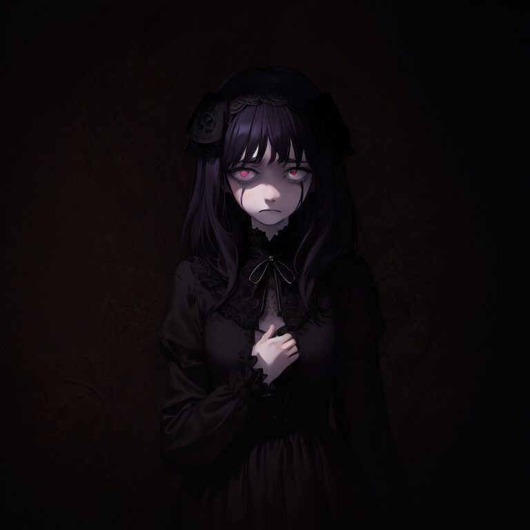 Digital art of a scared anime girl with purple eyes