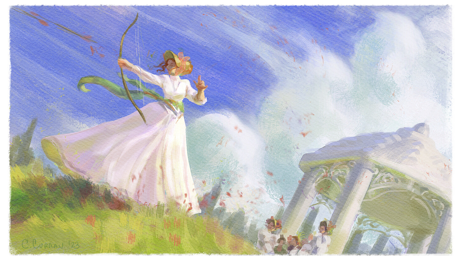 "Not one had the nymph-like ease of his wife..." May doing archery. I did a good handful of Monet studies in high key before approaching this. It was a good exercise describing form and shadow with saturation and hue instead of large range values.