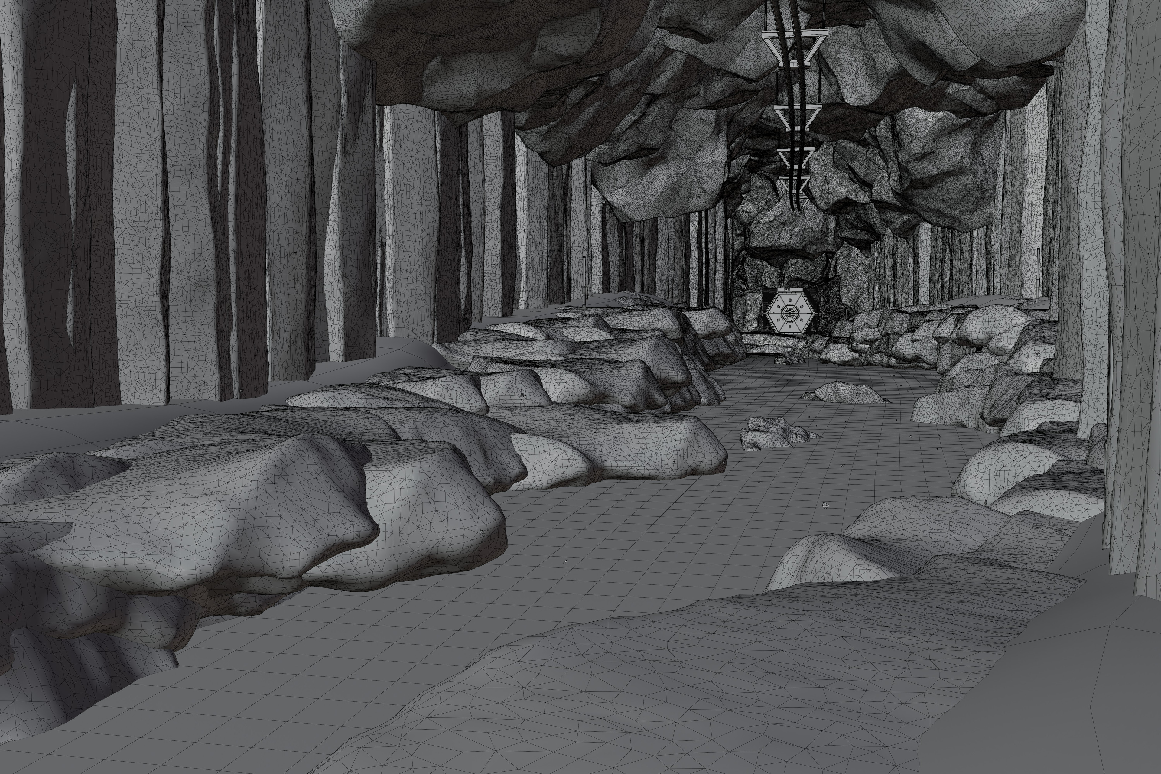 Wireframe view, all rocks are instanced and with a few exceptions (near the doors) they are procedurally placed
