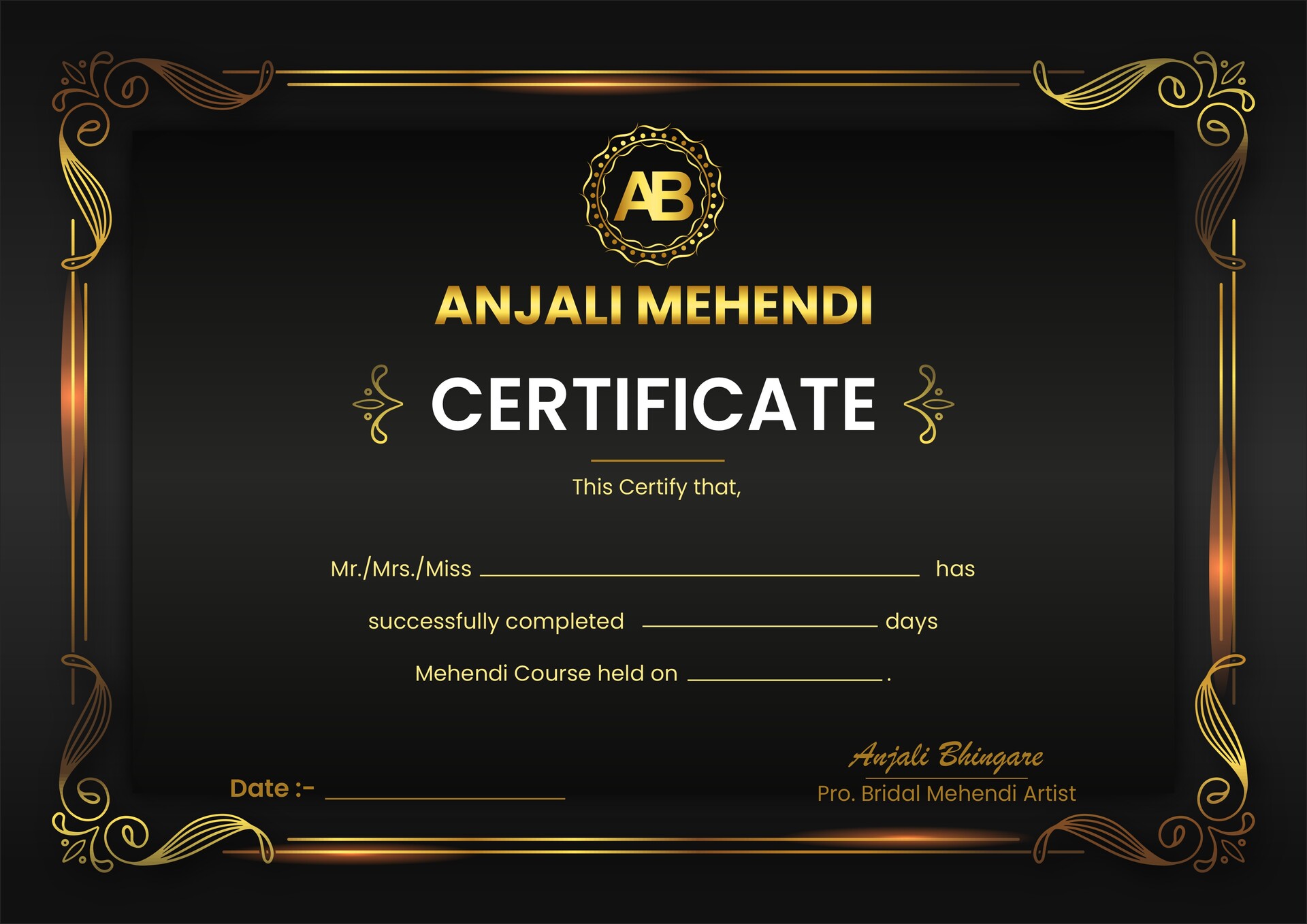 ArtStation Mehendi Course Certificate