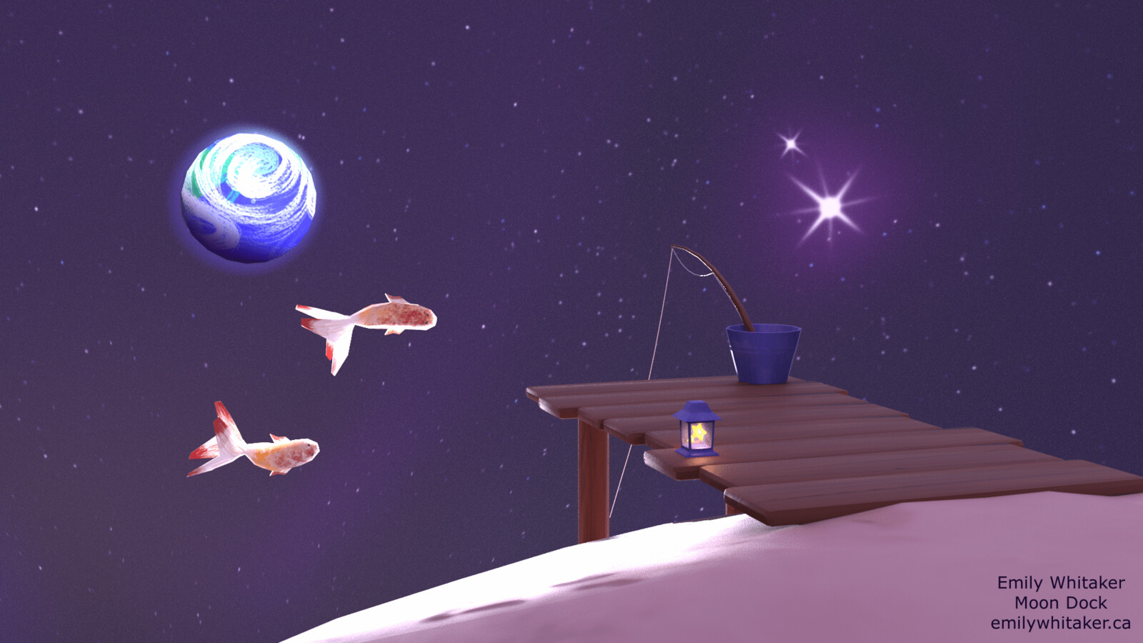 Fully lit rendered still of a stylized dock on the moon,featuring space koi fish and the planet Earth.