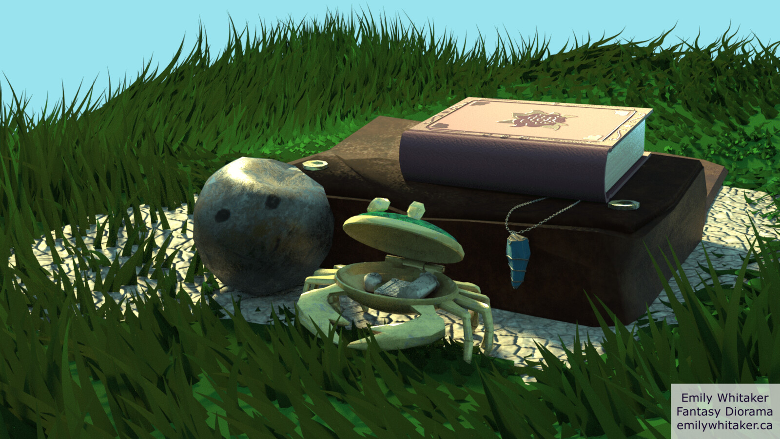 Lit render of diorama, featuring crab music box, a companionable cannonball, a wizard's spell book, and an amulet.  
