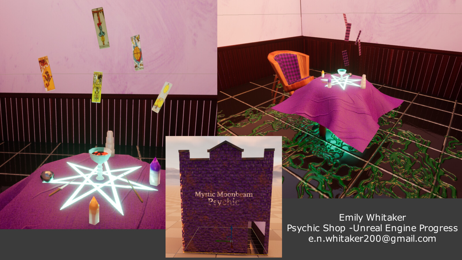 Brighter progress shots including a clearer look at the vines on the ground, tablecloth texture, tarot cards, and exterior view.