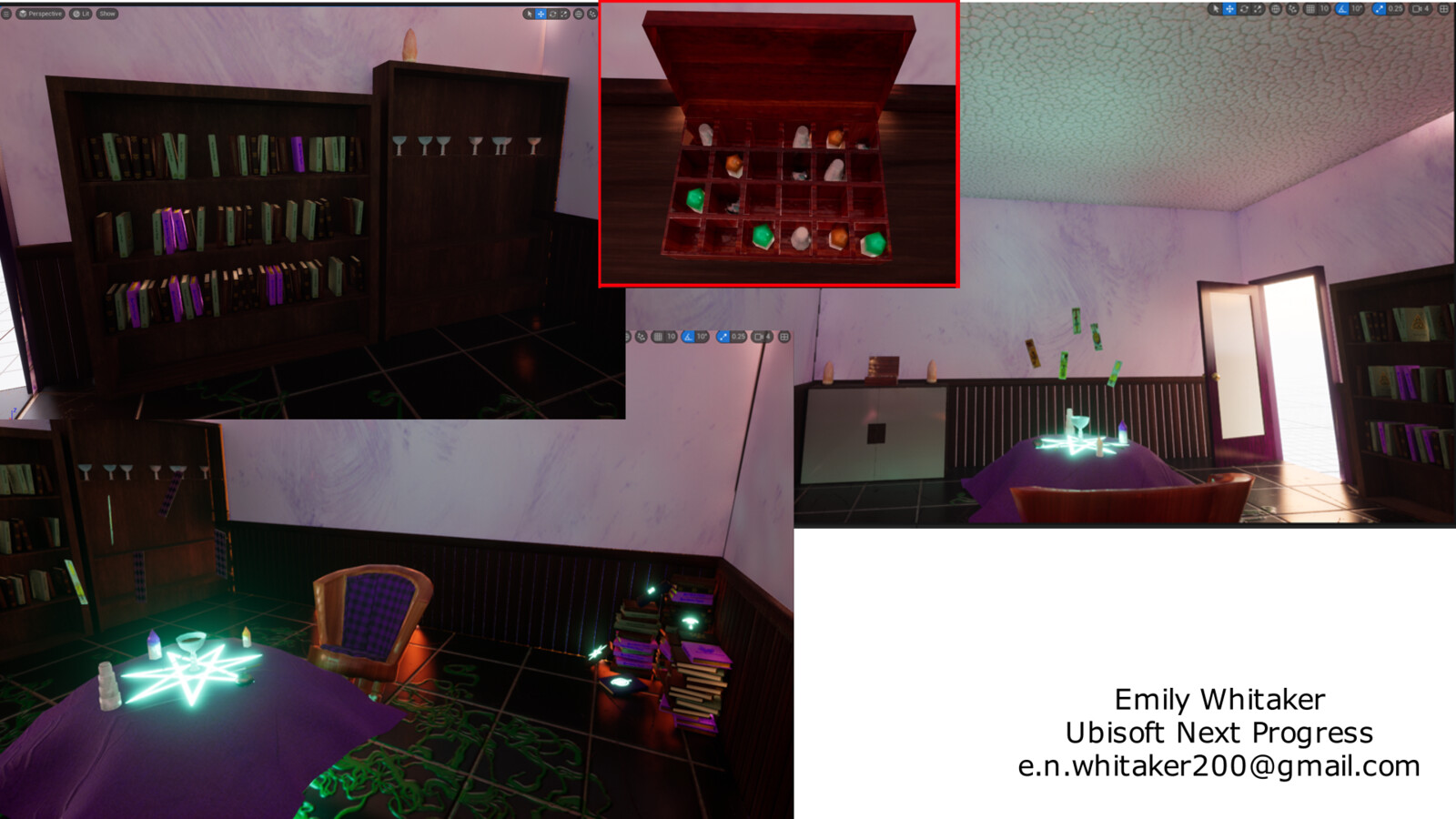 Brighter progress shot including a clearer view of the book case, jewel box, walls, and assorted other props.