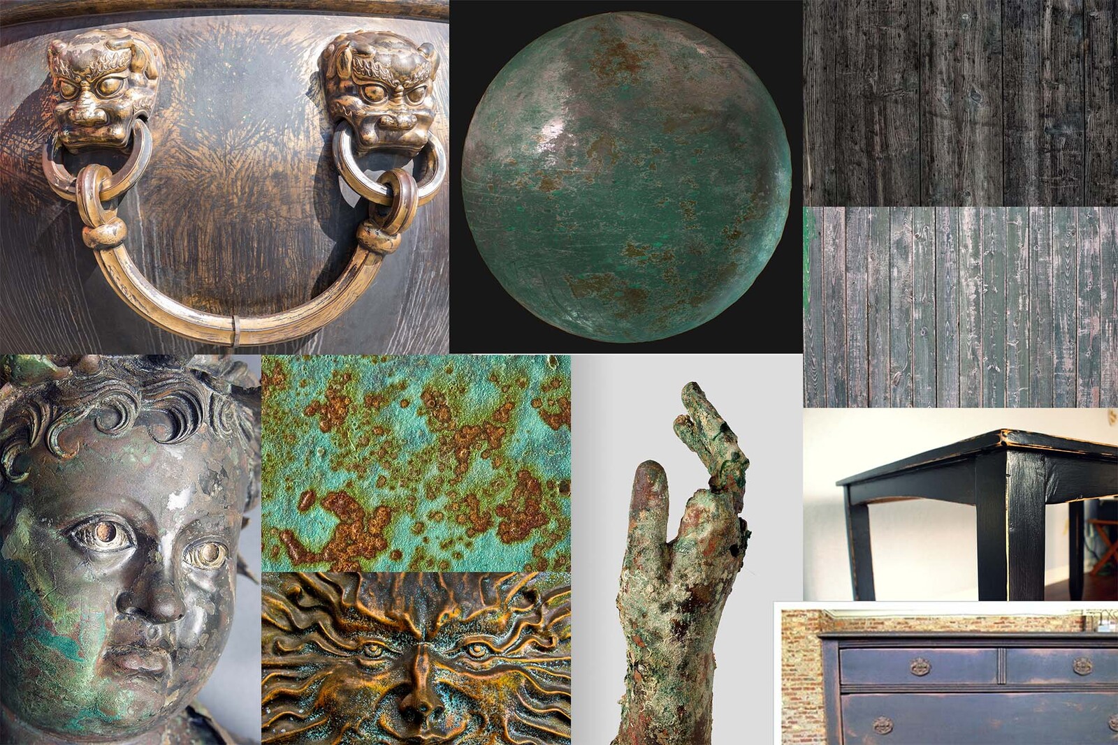 Preliminary material reference gathering for the corroded bronze and aged wood