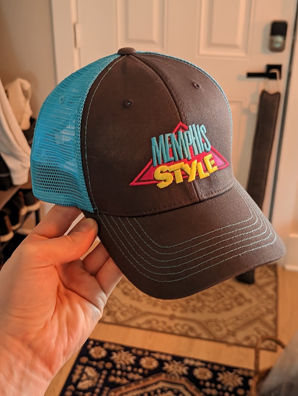 Example of some merch made. Blue matched fabric on the mesh back! 