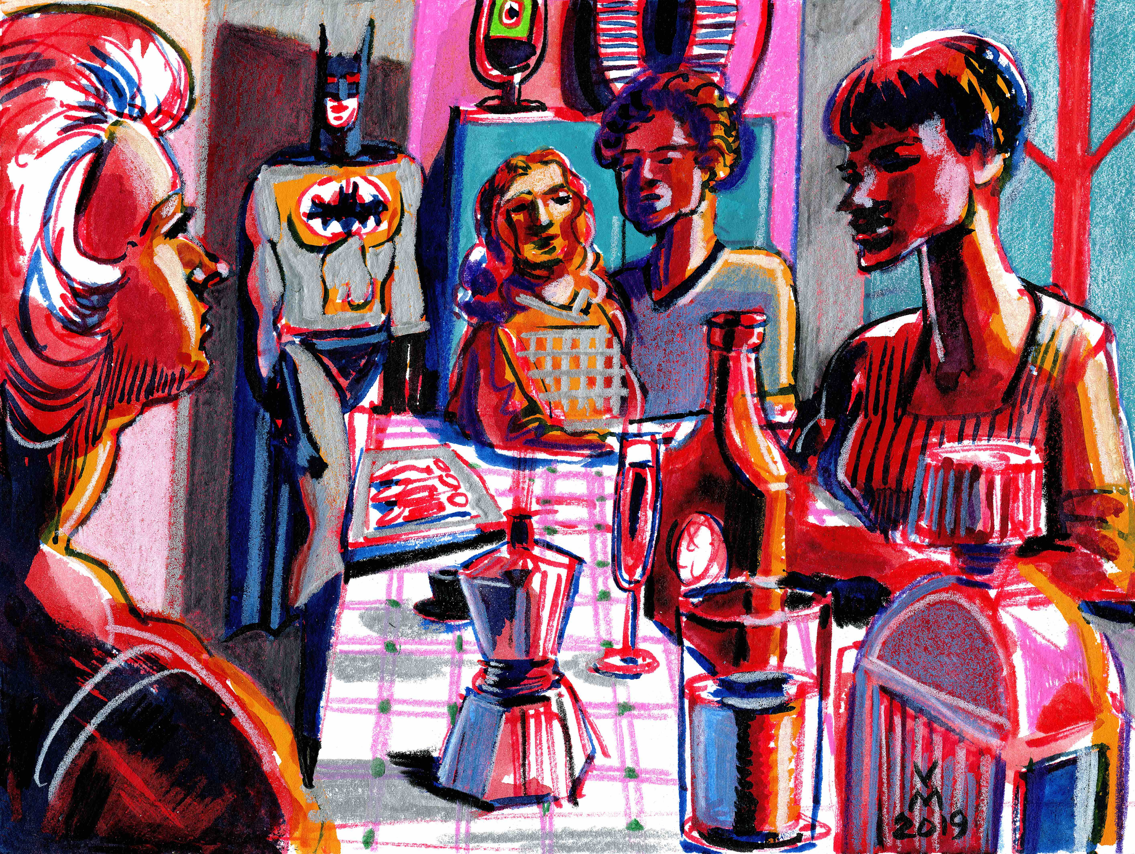 BATMAN LIKES CANNOLI, 6X8 Inches, pen and ink on archival paper, 2019.