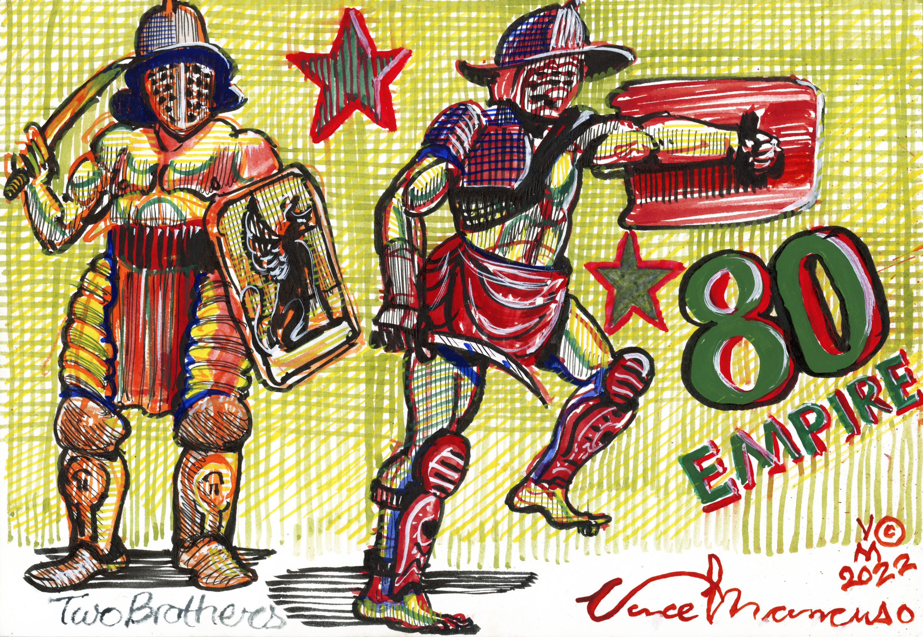 GLADIATOR/80 EMPIRE, 7X10 Inches, pen and ink and watercolour on archival paper, 2022.