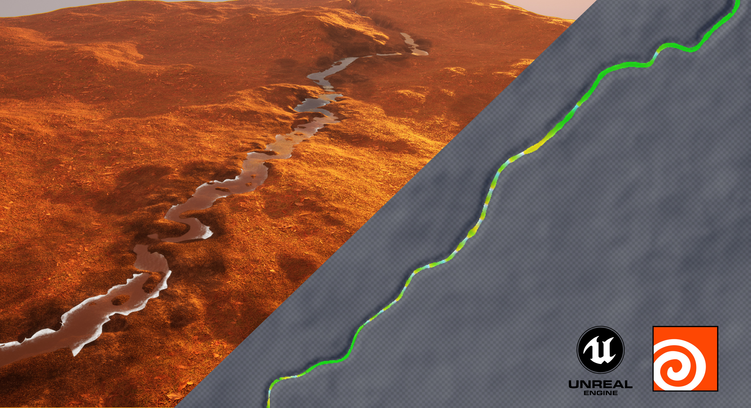 Houdini procedural river tool in Unreal Engine 5 level