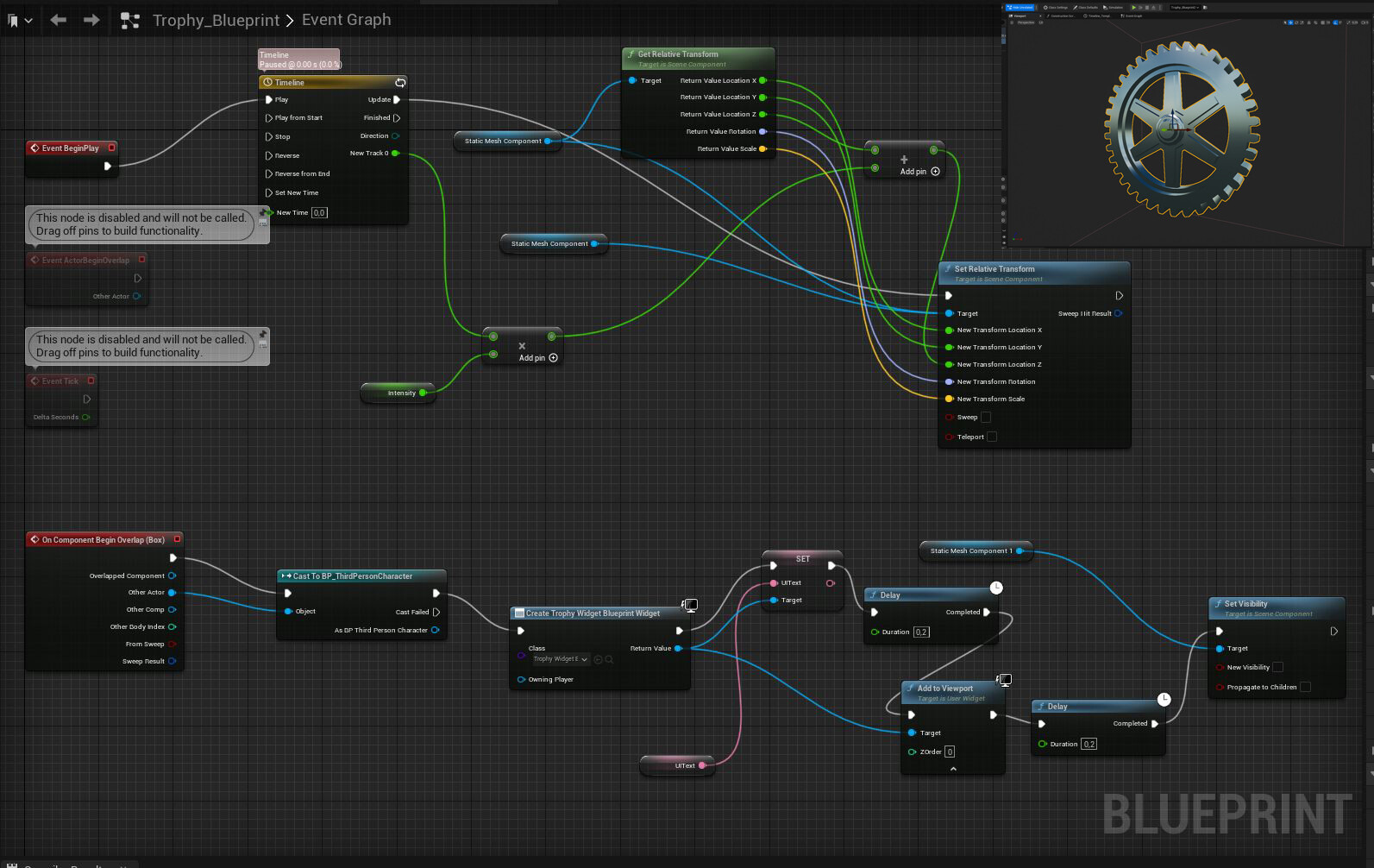 Blueprints example for interactive gears ( collecting trophy ) 