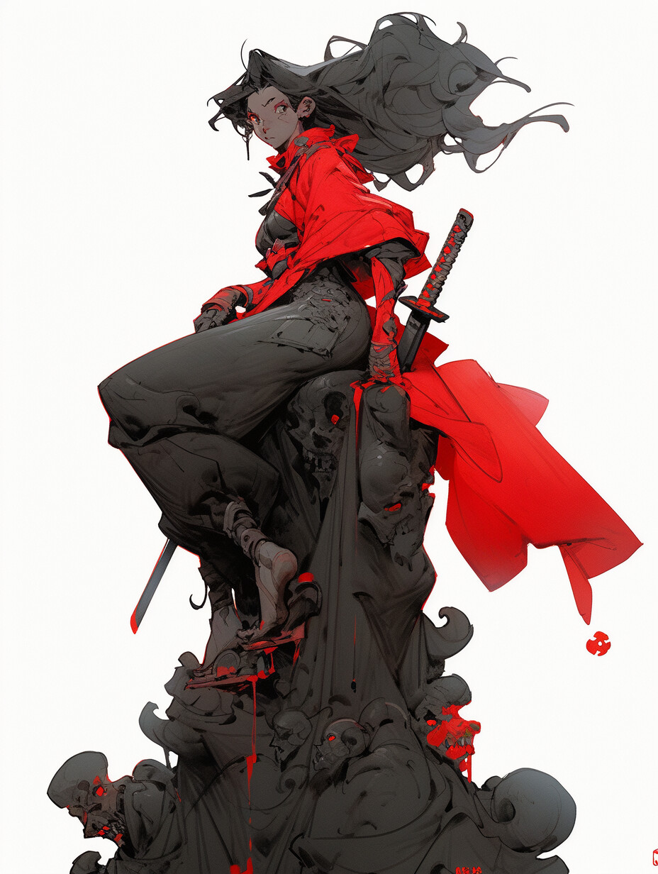 Shubmedea dickboy samurai sword girl in red in the style of yuumei dark