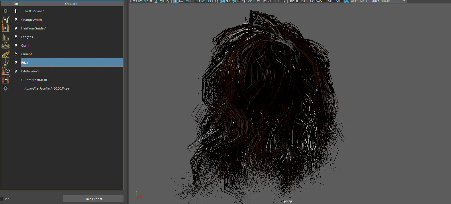 This is what the Hair looks like in Maya and on the left is all of the operators that were used to generate the hair.