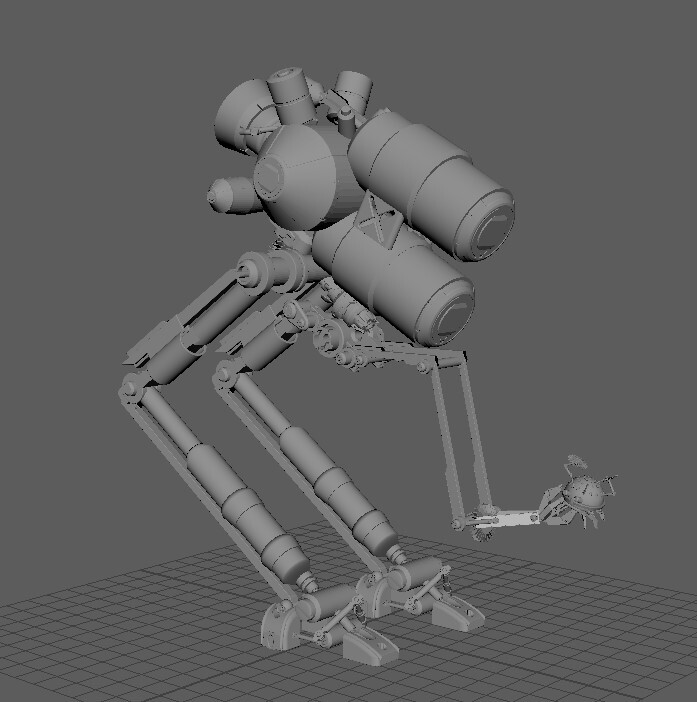 View in Maya of my current project, a kitbash of parts to make a creature from a reference by Eric Geusz's 100 Mechs.  