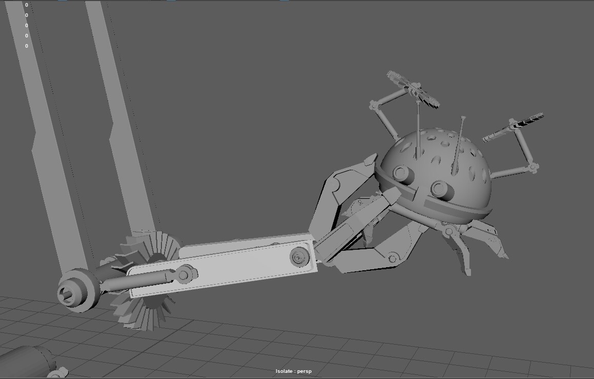 Detail view in Maya of the Ladybug Droid being examined.  I came up with the ladybug just out of playing with the Kitbash parts.  Adjusted the antennas to be more like old school radio antennas.