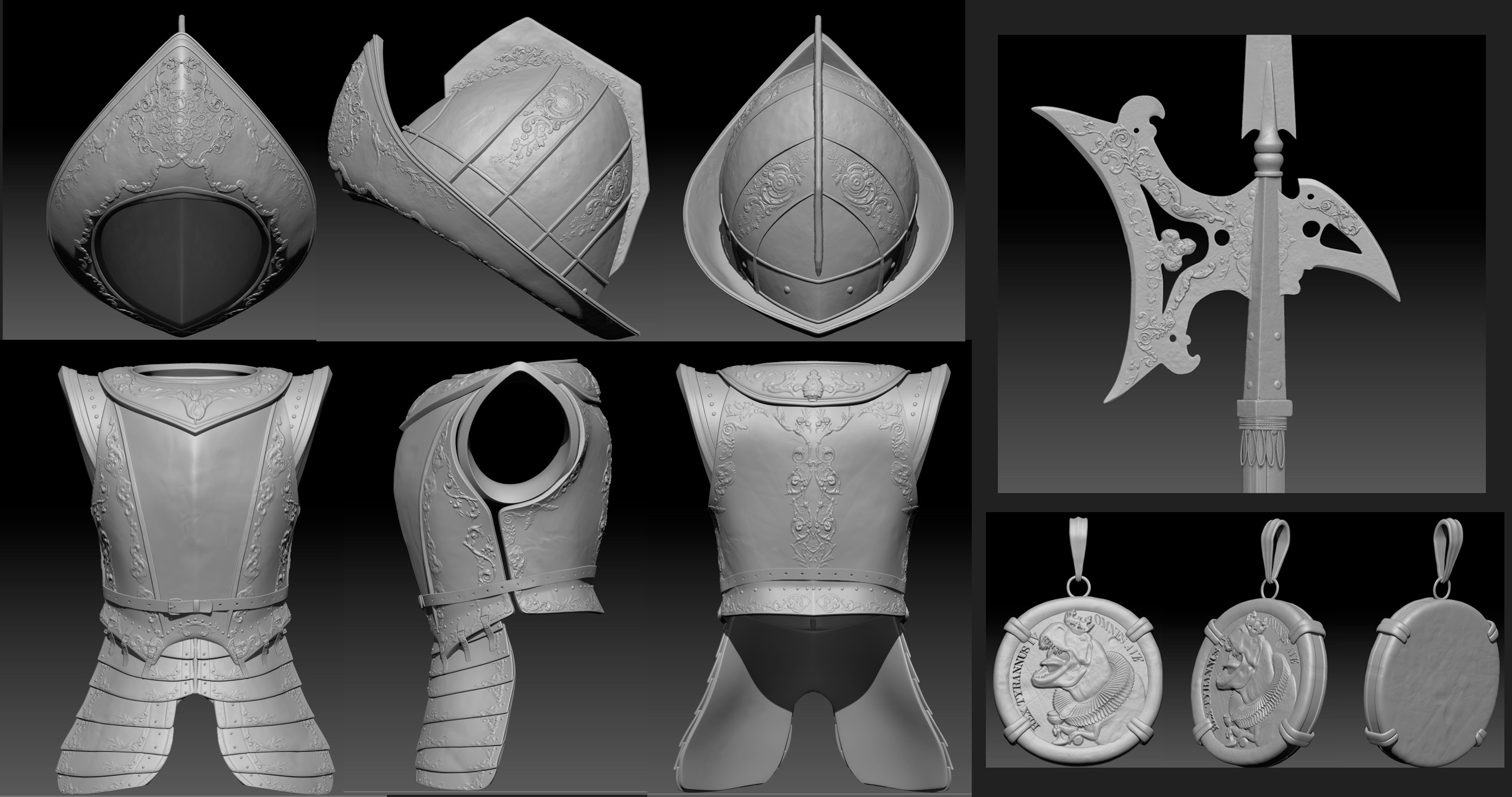 Sculpt of helmet, halberd, armor, and medallion.  Medallion image was generated in Zbrush using Basrelief feature.