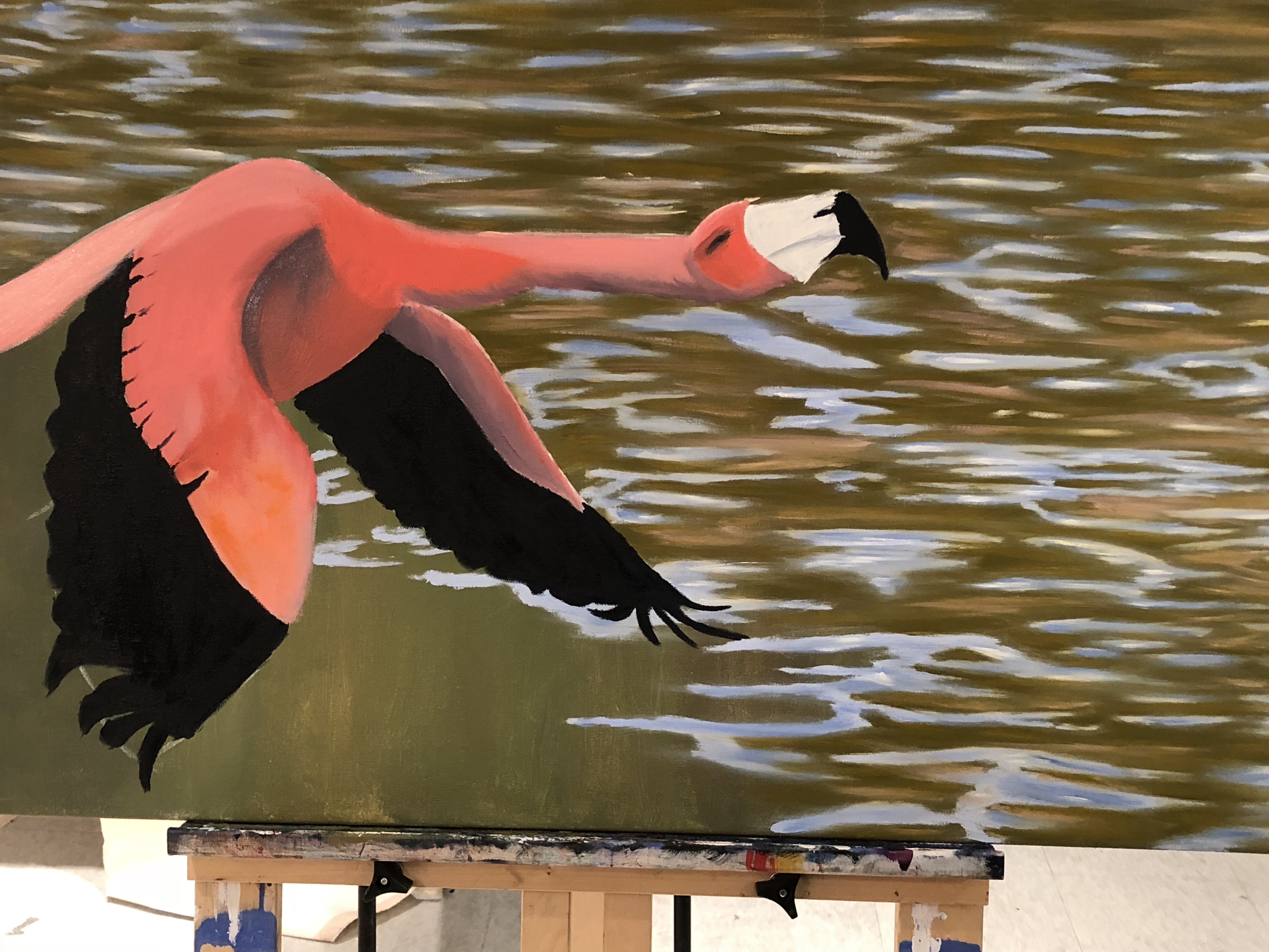 Adding the darker tones to the flamingo.