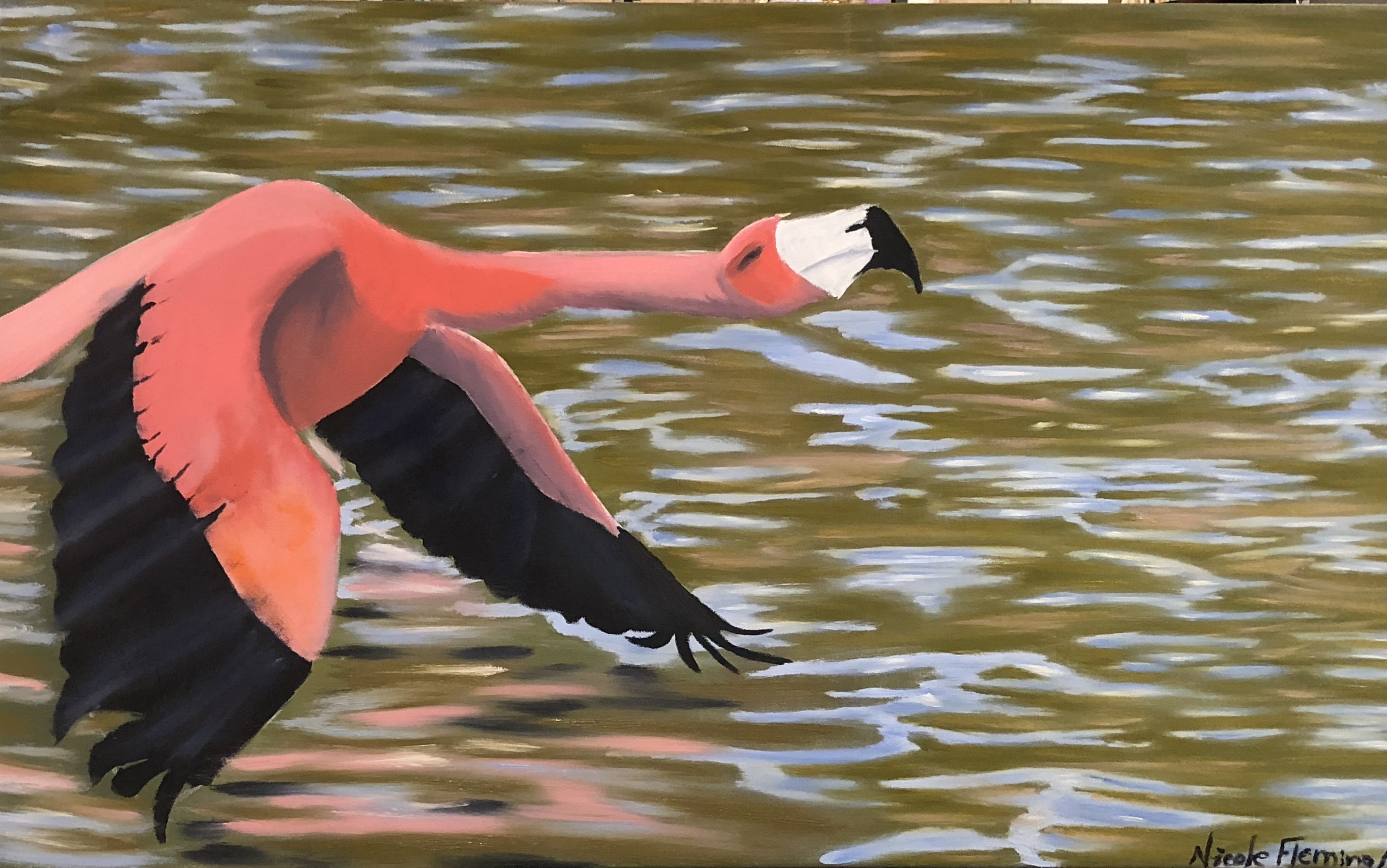 Finishing touches with lights and finished the water adding the flamingo's reflection.