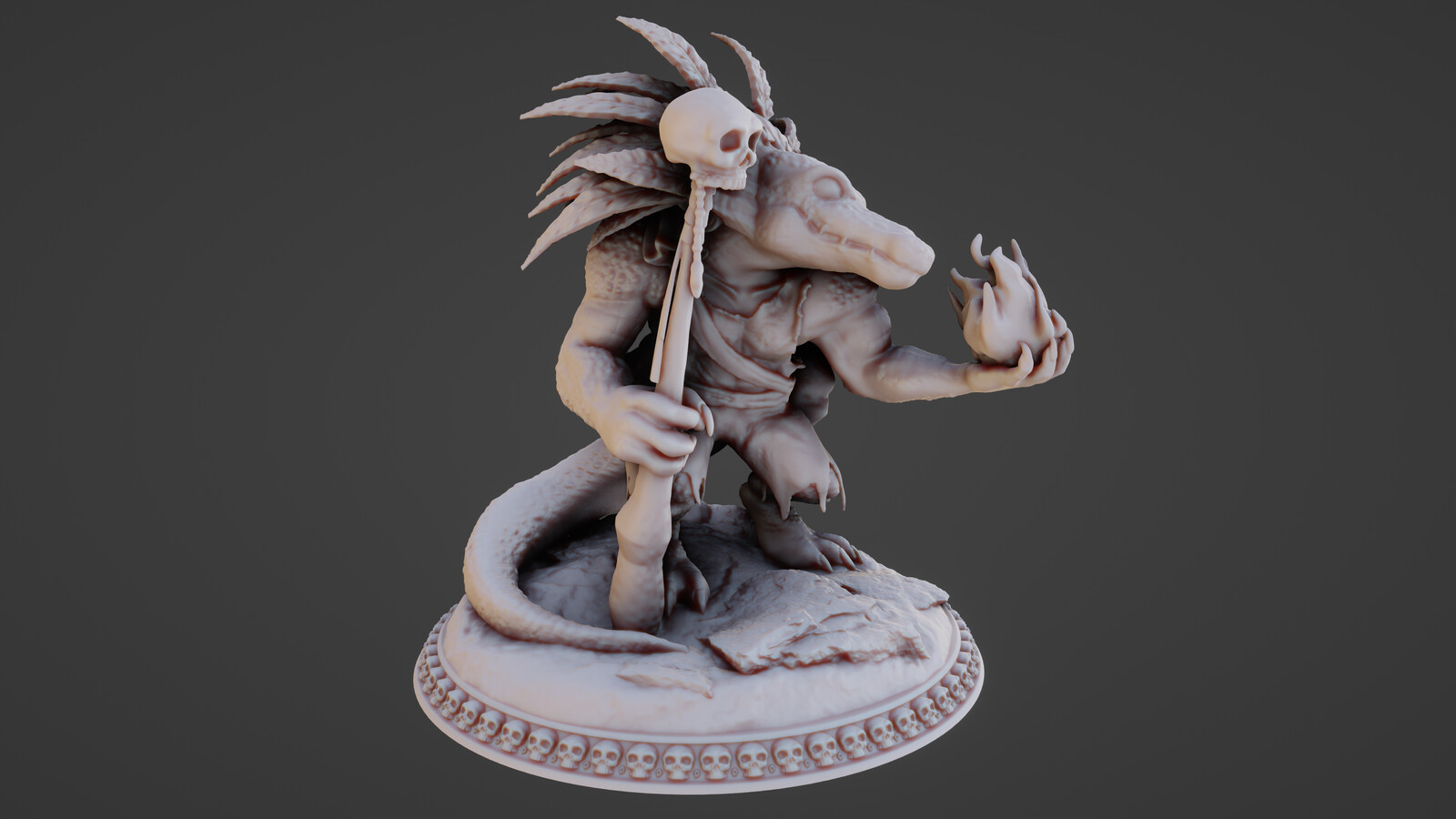 Side View of 3D Sculpted Gator Man Sorcerer.