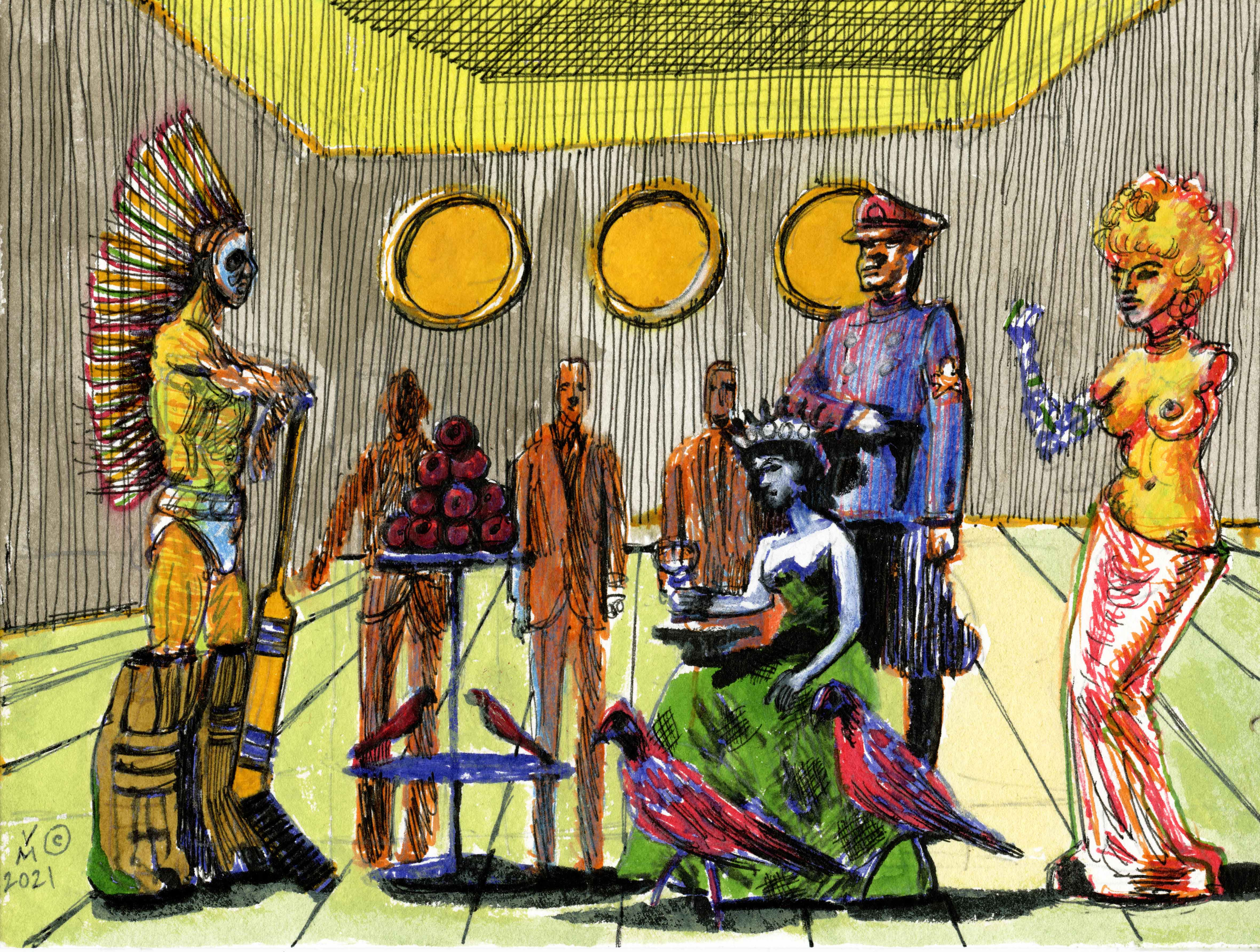THE PARTY, 7X10 Inches, pen and ink and watercolour on archival paper, 2021.