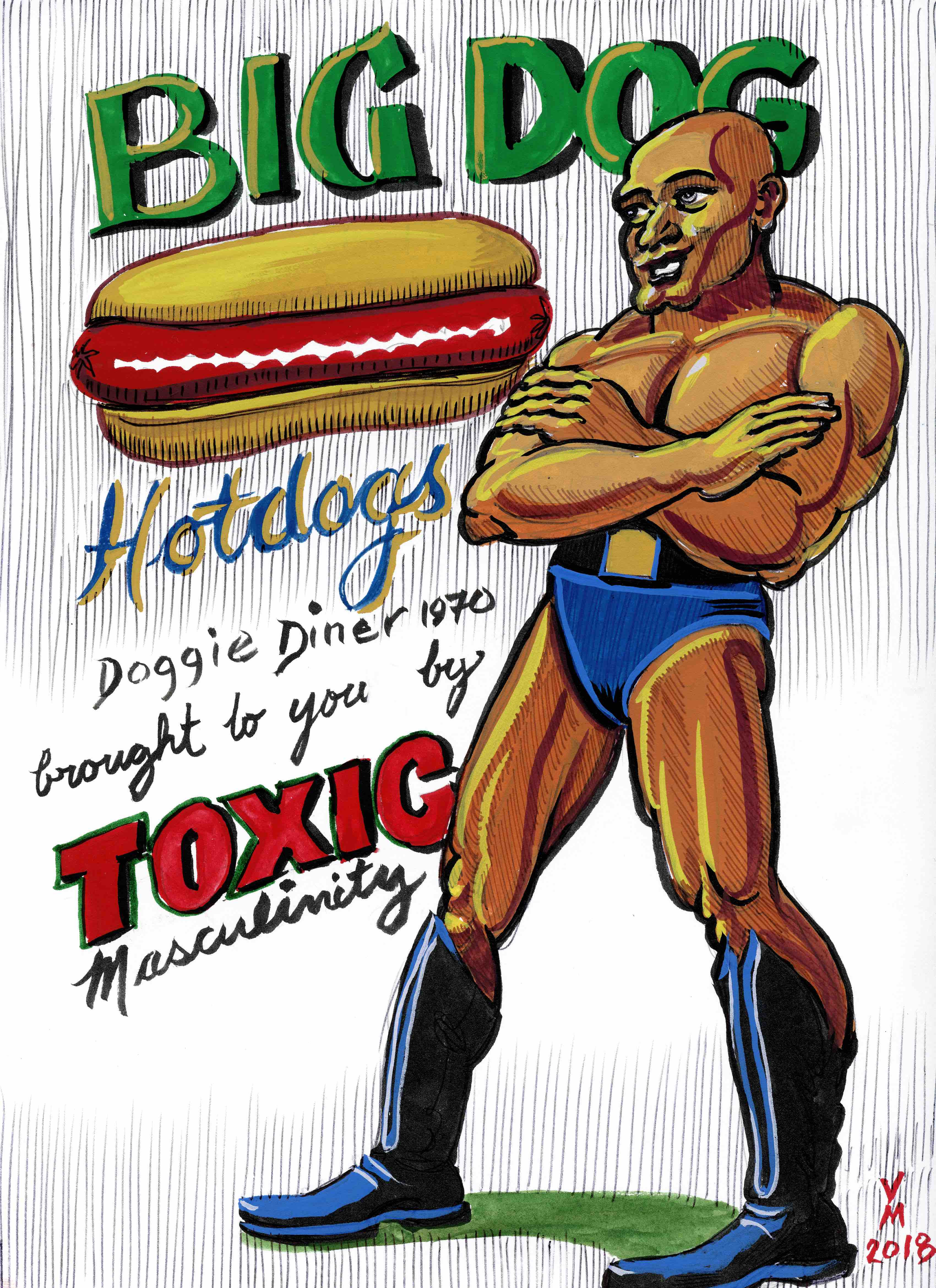 BIG DOG, mixed media, 9X12 inches on archival paper, 2018.