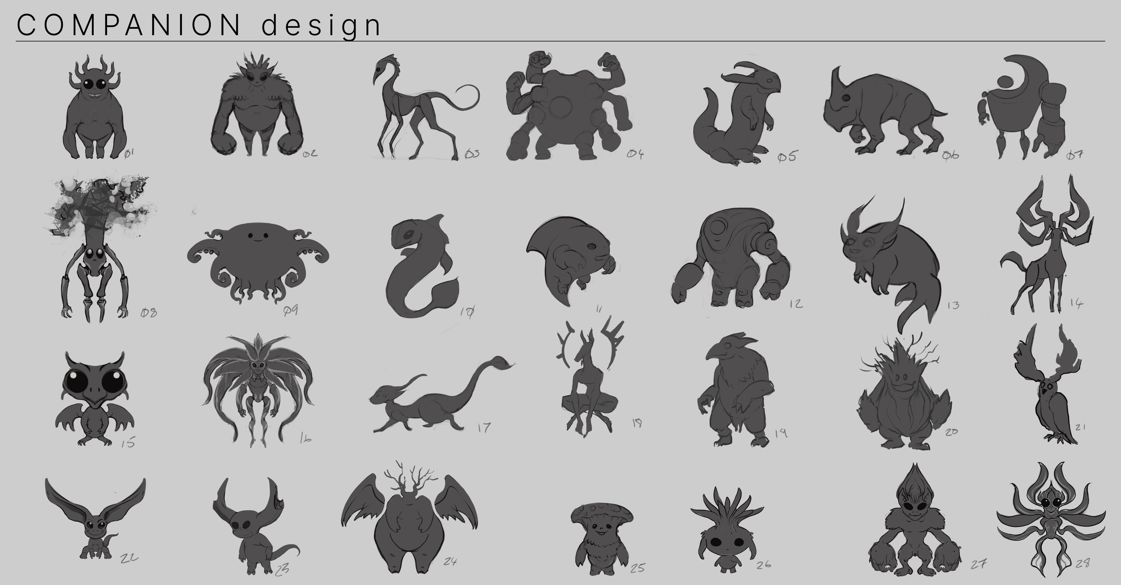 Stylised creature design thumbnails.
