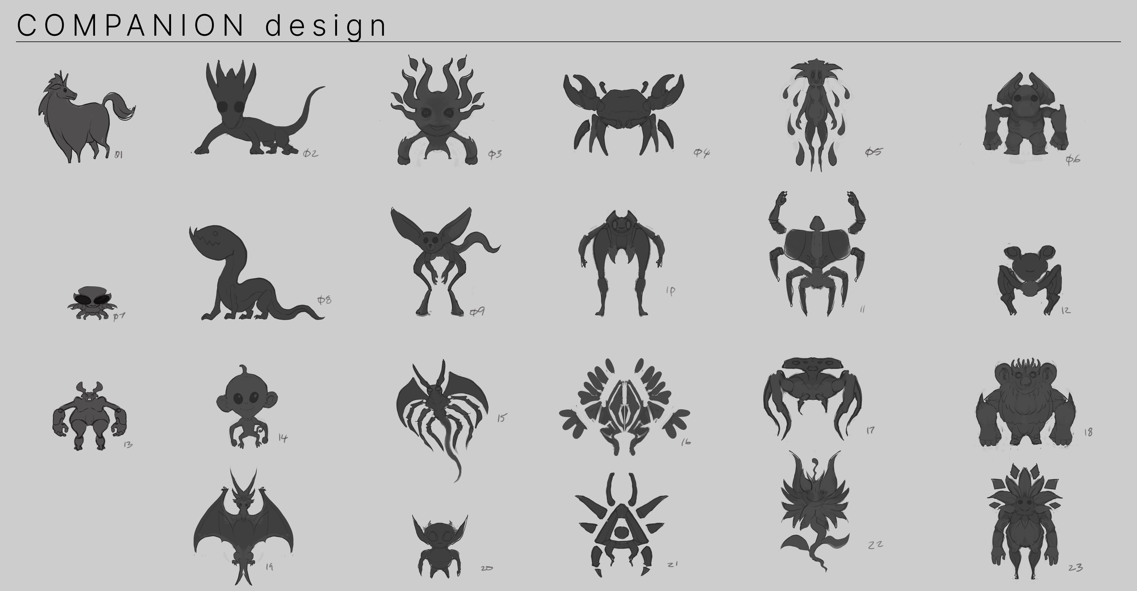 Stylised creature design thumbnails.