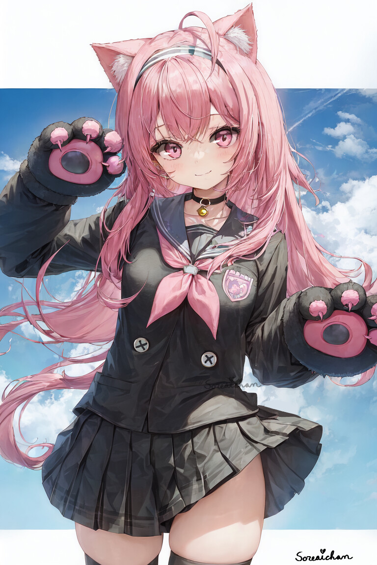 Premium AI Image | Anime girl with pink hair and blue eyes holding up pink  cat paw prints generative ai