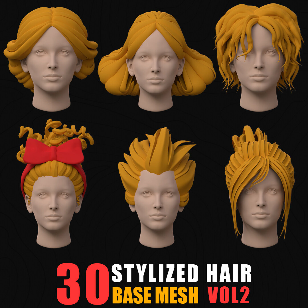 ArtStation - 30 Stylized Hair Base Mesh - VOL 02