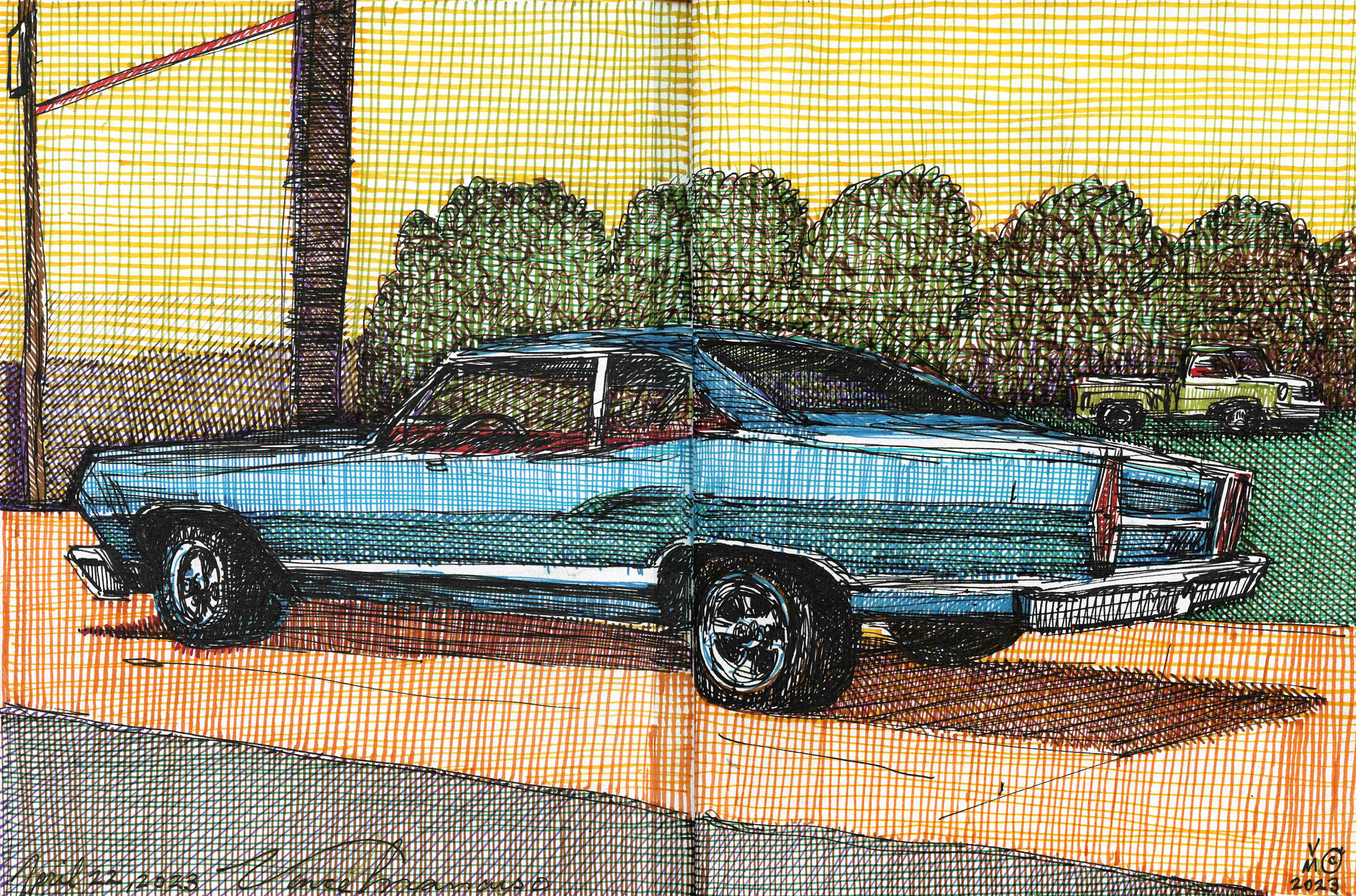 APRIL 22, 2023. A relic from the past,  a FORD Fairlane. Double page spread from a 8X12 inch sketchbook. Done with a selection of fountain pen inks and pens.