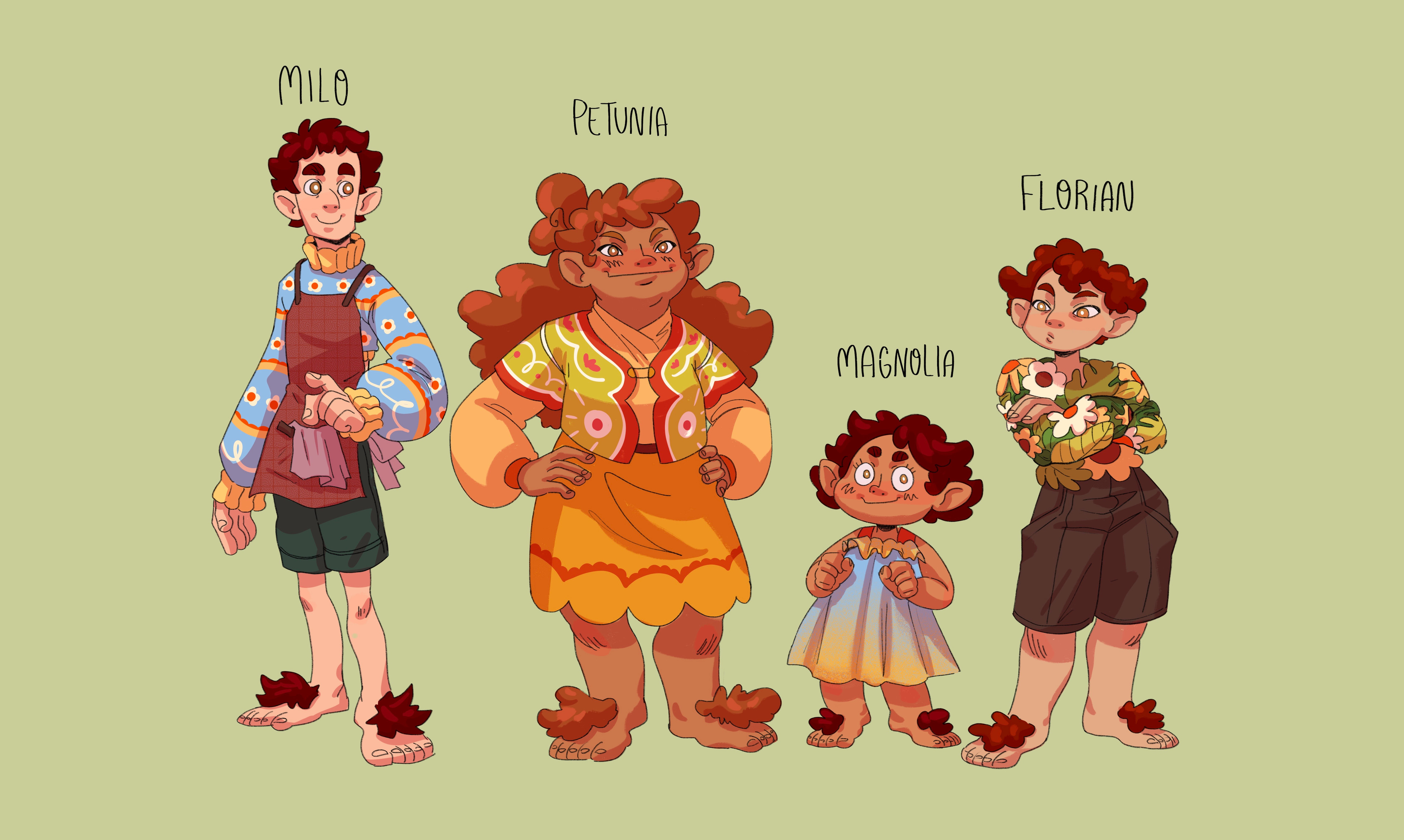 Character line up of my hobbit family, with a more cartoony style I'm used to drawing Tolkien stuff