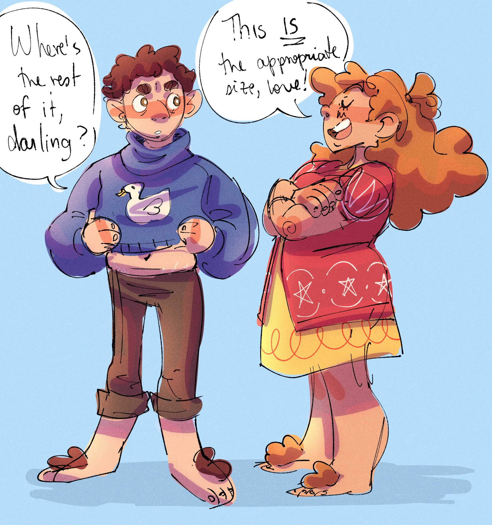 I thought it would be funny for her to be making "modern" clothes for her hobbit family (like a crop top)