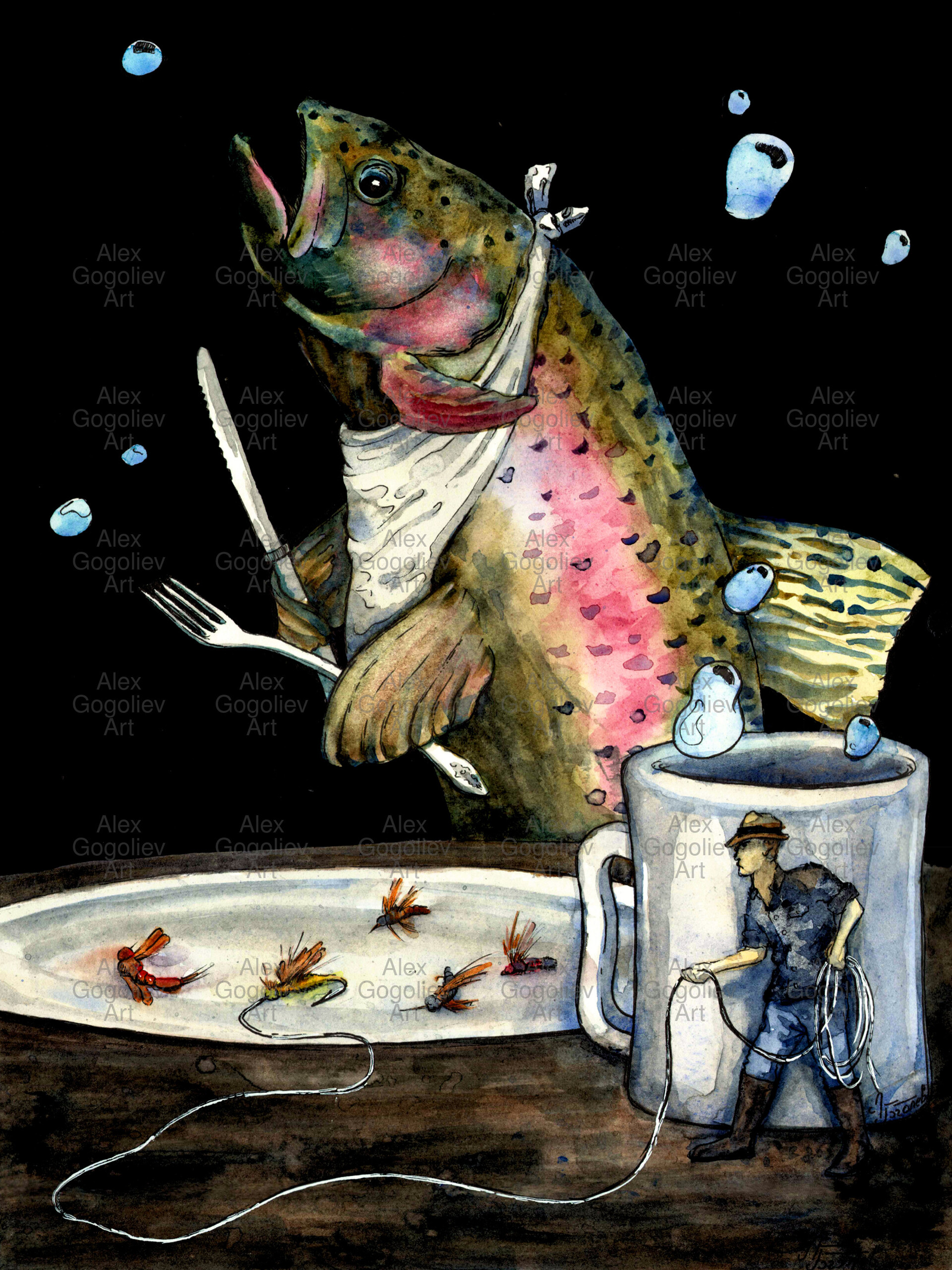Alex Gogoliev - Fish Art Print, Fly Fishing Art Print, Fisherman Art,  Watercolor