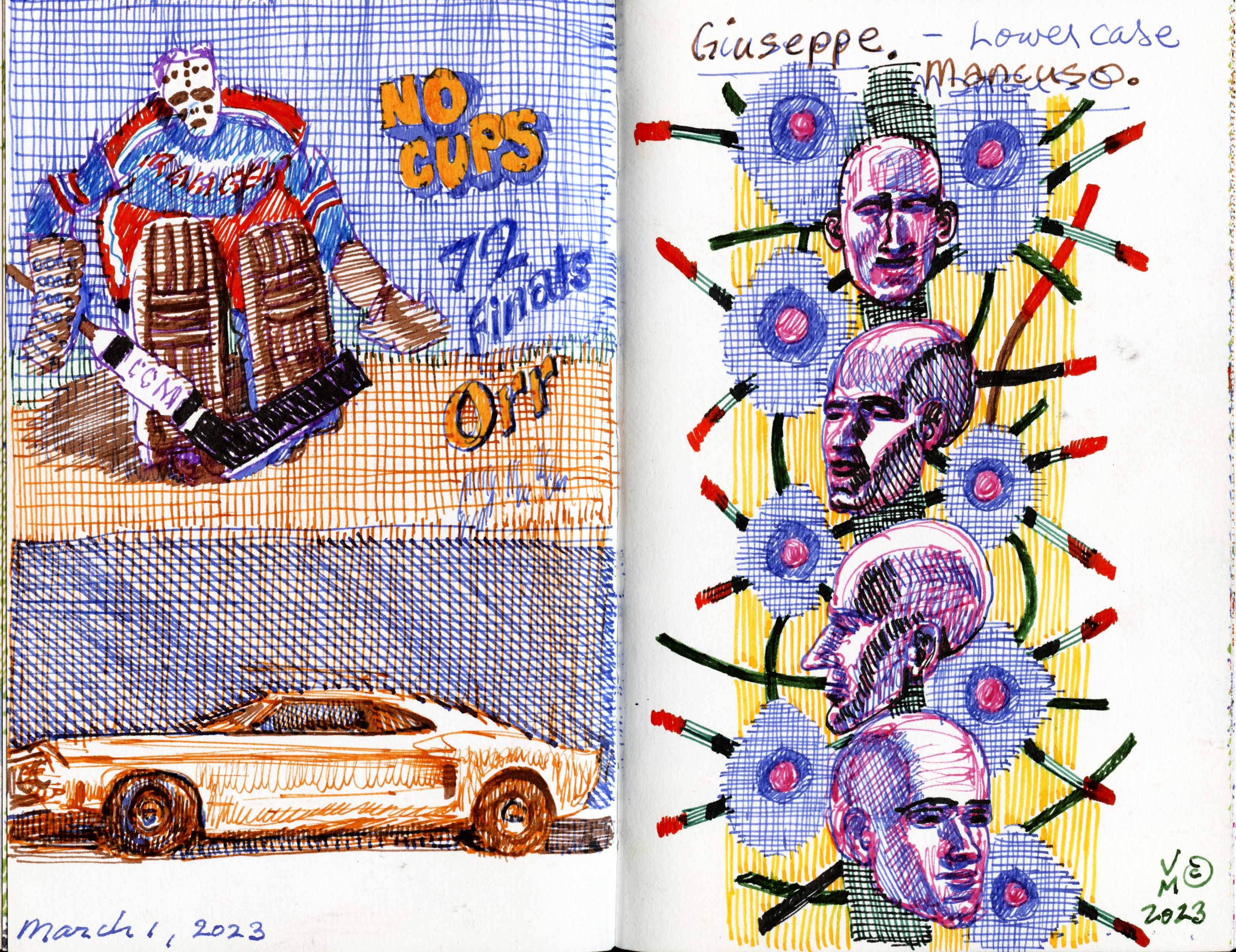 MARCH 1, 2023, My father is dying, Giacomin won no cups and the joy of old school V8 Muscle. Double page spread from a  9X6 inch sketchbook. Done with a selection of fountain pen inks and pens.