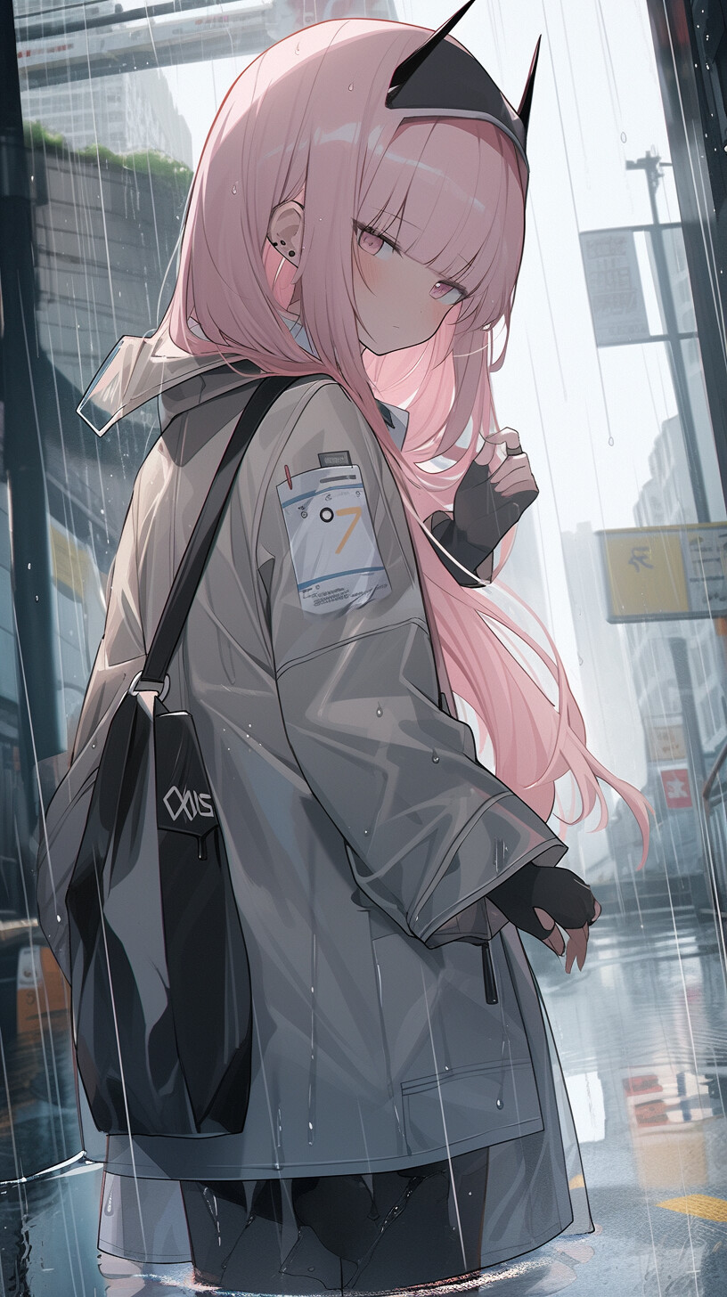 Anime girl in shop rain