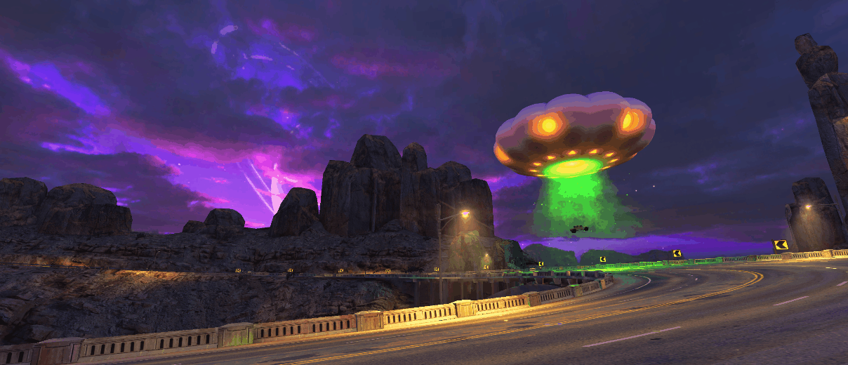 One of the UFO's I modeled, textured and animated. Note the little Humvee being sucked up by the UFO too.