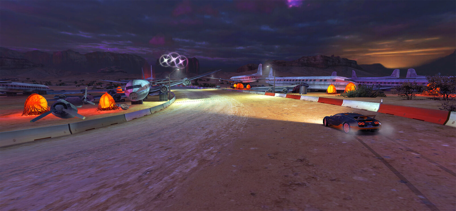 The plane graveyard, I created the plane and the orange alien pod and placed them around this part of the track. There's a bunch of plane parts scattered around also to sell the state of disassembly of the planes.
