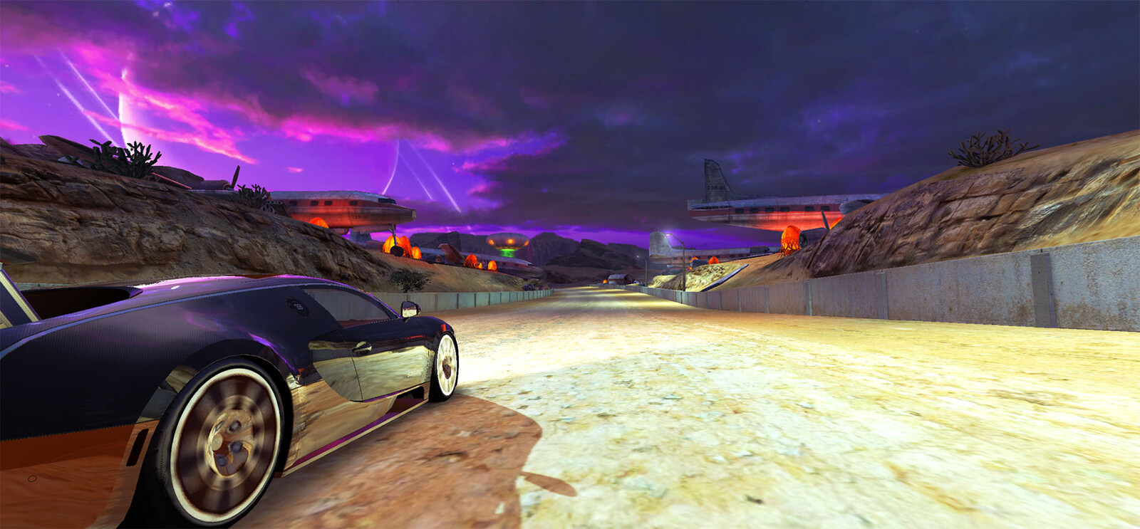 A lowered section of the track with alien pods and planes in states of disassembly.