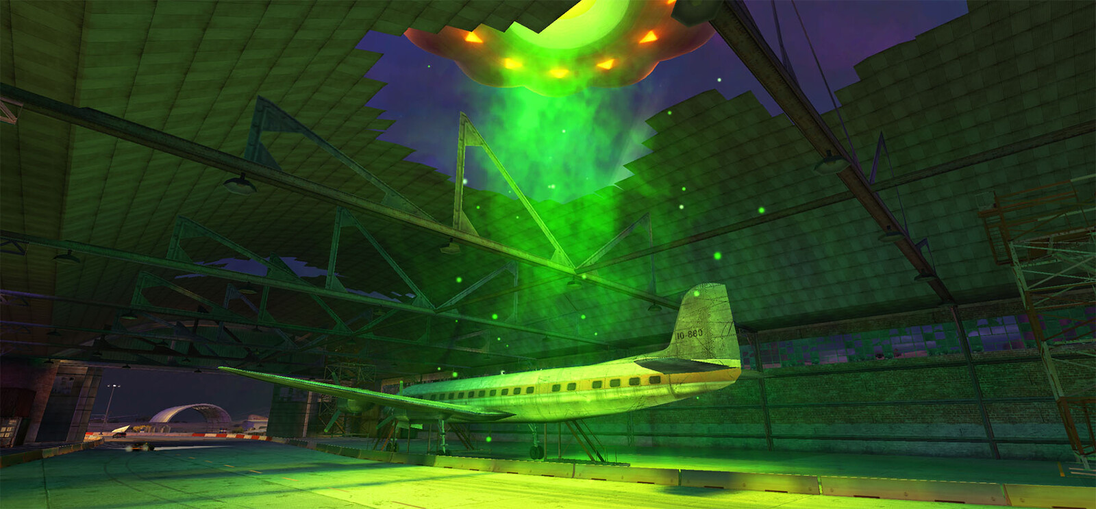 A hangar with a hole in the roof, I guess Grand Theft Aero is a thing with aliens? :P