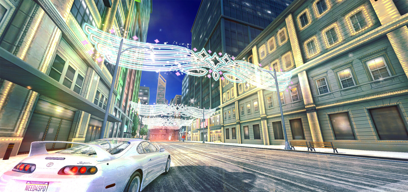 I created these Xmas light banners that hung over the track in 3 places. These really added that city Xmas pageant feel. I also added all the light bulbs to the building surface textures to bring that warm glowing Xmas feel to life.